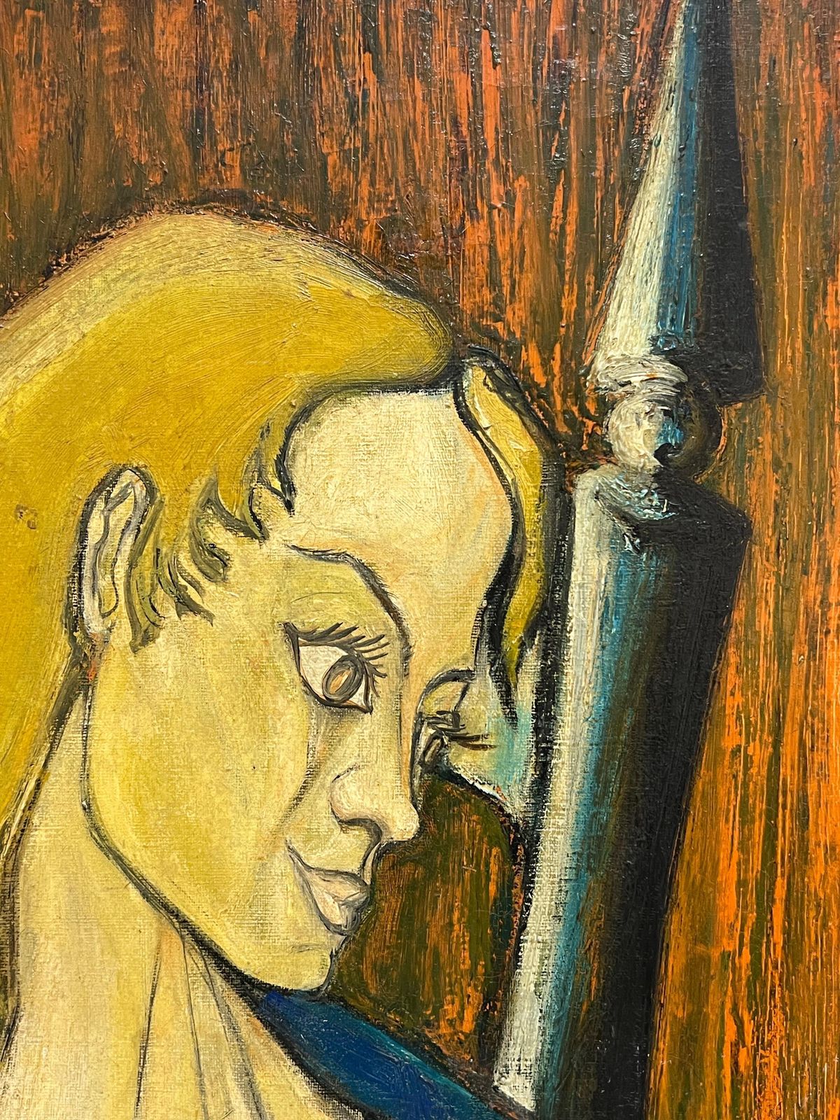 photo for sale French School1950's French Expressionist Signed Painting Lady Seated In Chair Harvest Fields1958