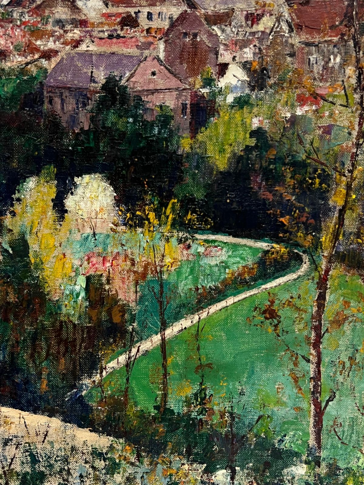 French Schoolvintage Mid 20th Century French Signed Oil View Over Town Roof Tops photo Art