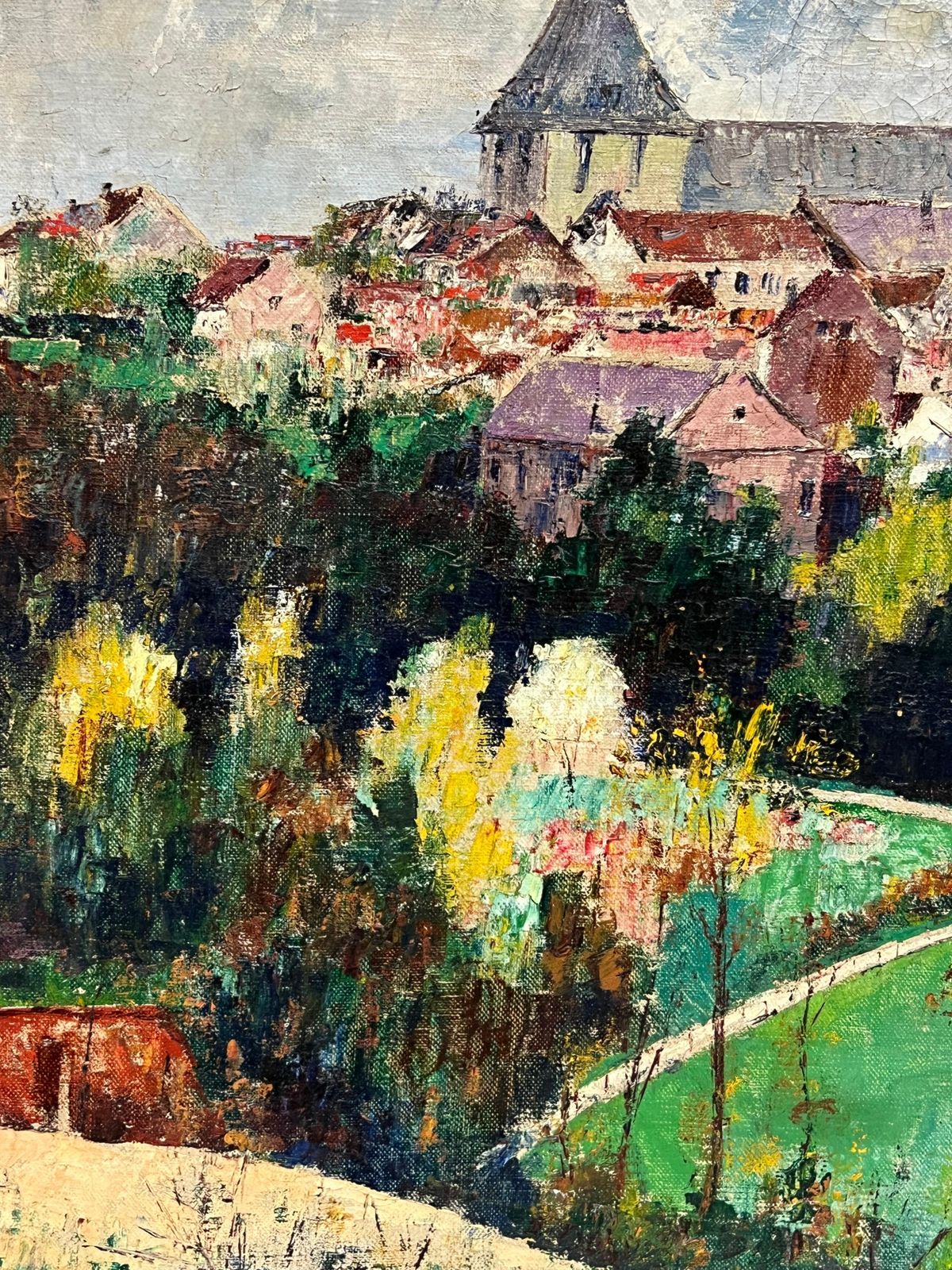 French Schoolvintage Mid 20th Century French Signed Oil View Over Town Roof Tops photo buy