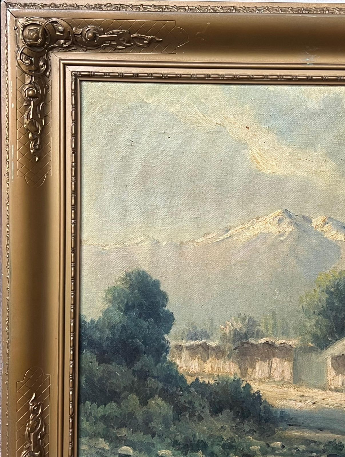 Antique Italian Schoolitalian Alps Mountain Landscape With Chalets Signed Antique Oil Painting photo buy