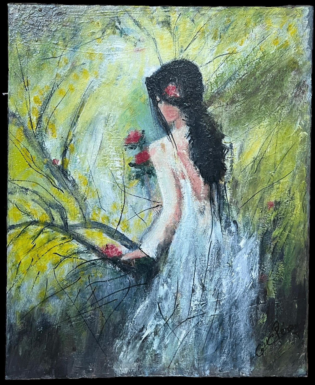 French Schoollarge 20th Century French Signed Oil Painting Young Girl Picking Flowers Garden photo furniture