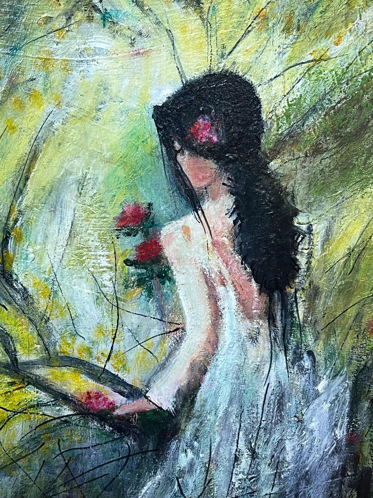 French Schoollarge 20th Century French Signed Oil Painting Young Girl Picking Flowers Garden photo 867.0