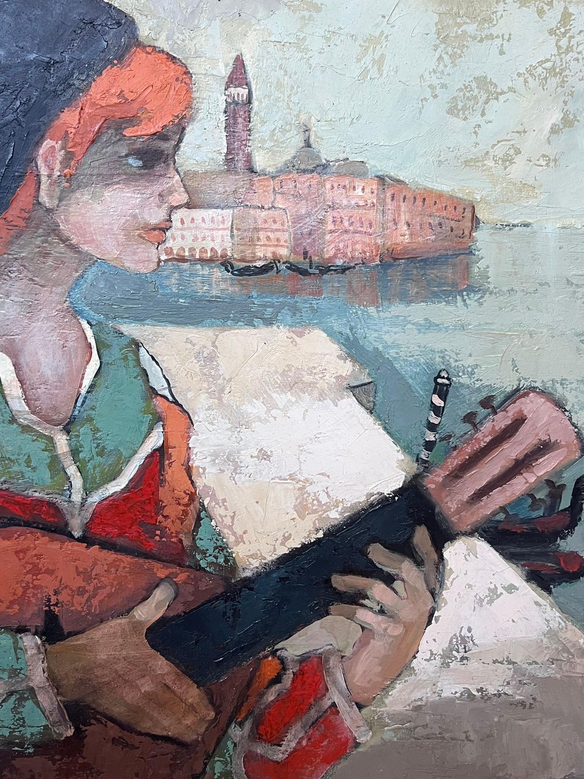 French School1970's French Modernist Signed Oil Musician Grand Canal Venice photo 1425.0