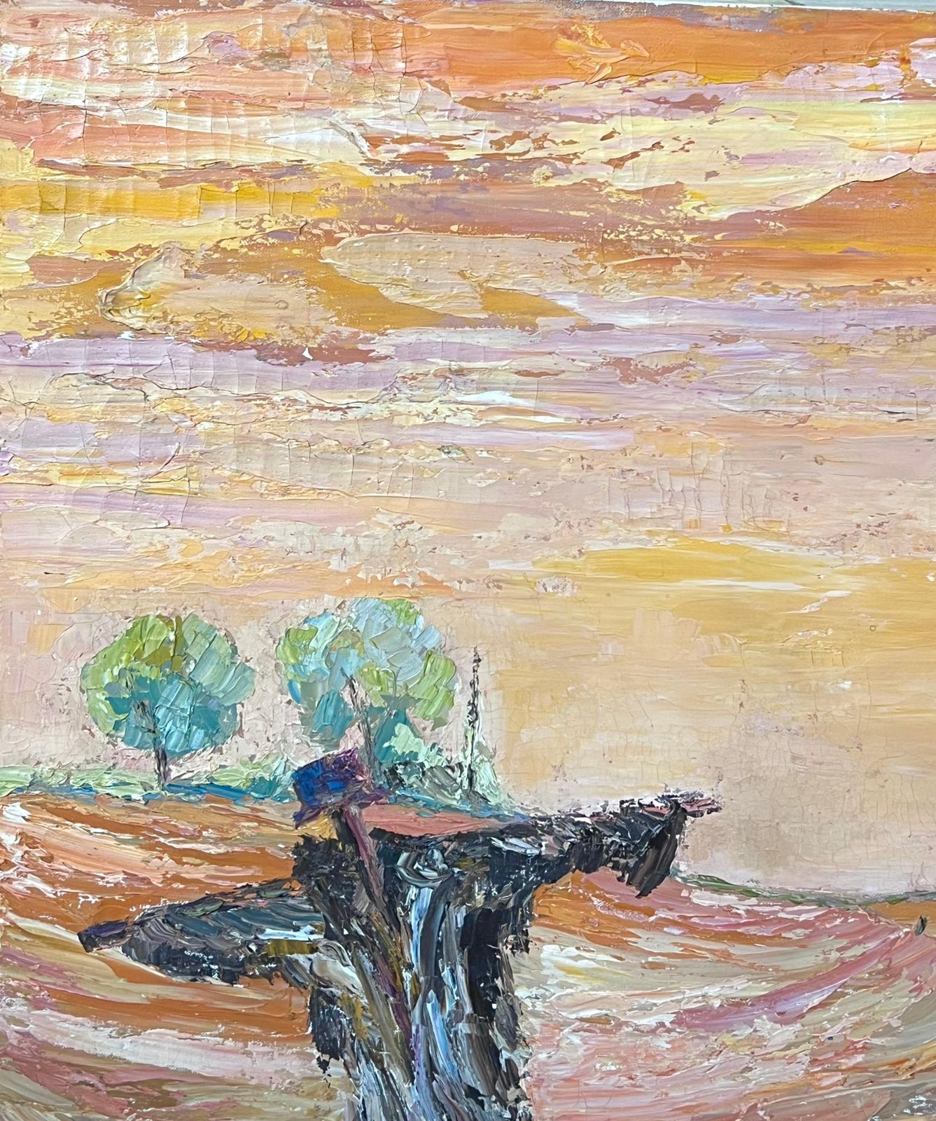 French Schoollarge 1970's French Expressionist Oil Painting Scarecrow In Sunset Golden Field photo for sale