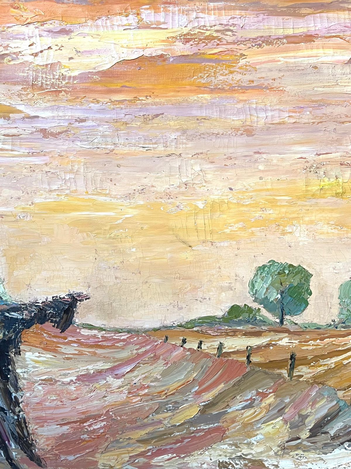 French Schoollarge 1970's French Expressionist Oil Painting Scarecrow In Sunset Golden Field photo Art