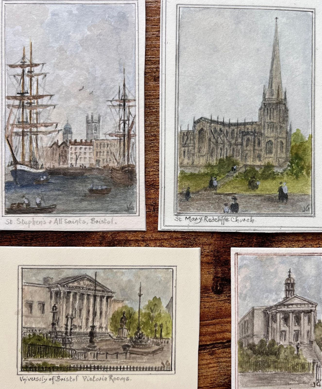 Jack Grunwellset Of Four Miniature Watercolors Of Bristol Churches And Civic Landmarks