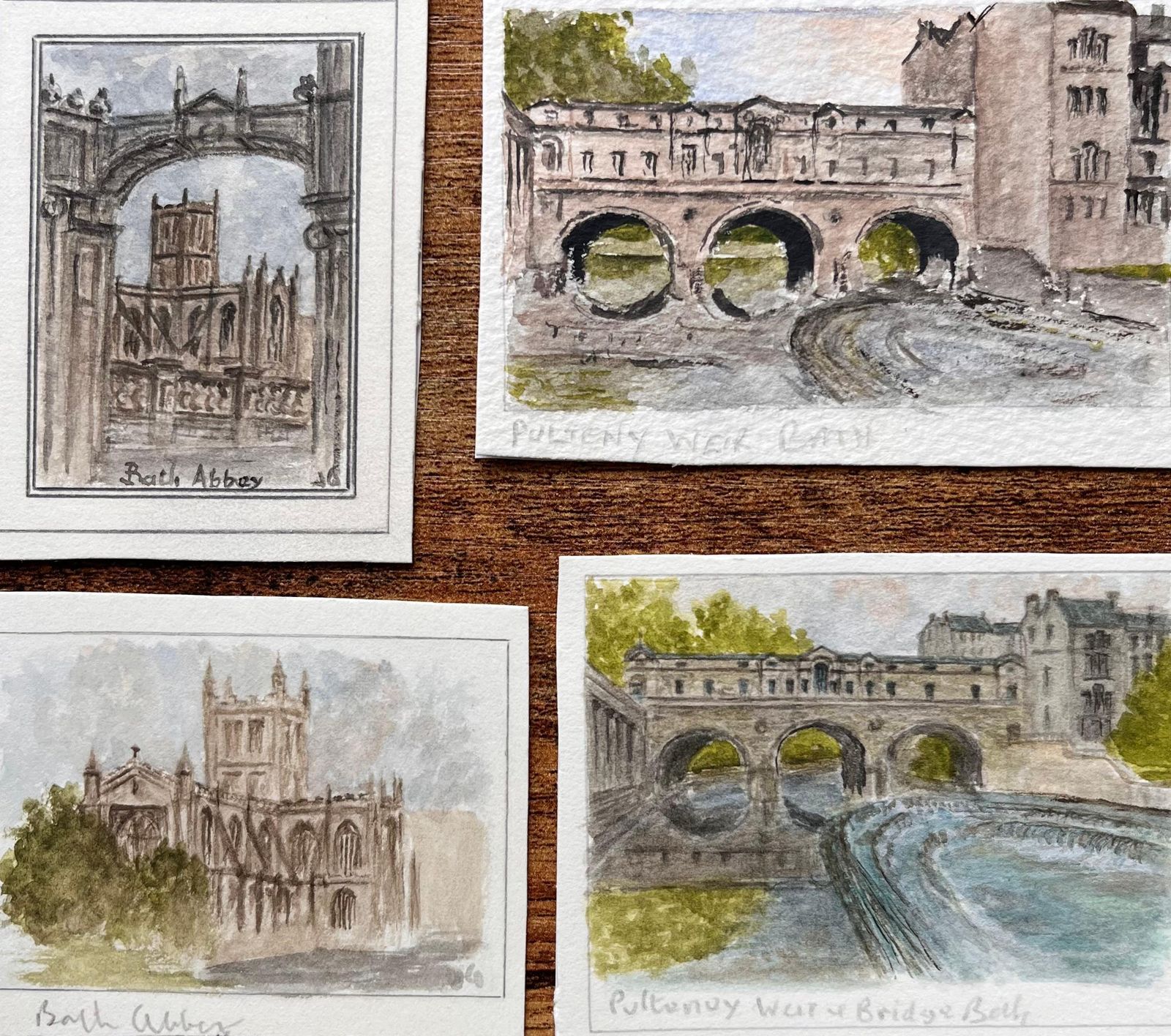 Jack Grunwellset Of Four Miniature Watercolors Of Bath Abbey And Pulteney Bridge
