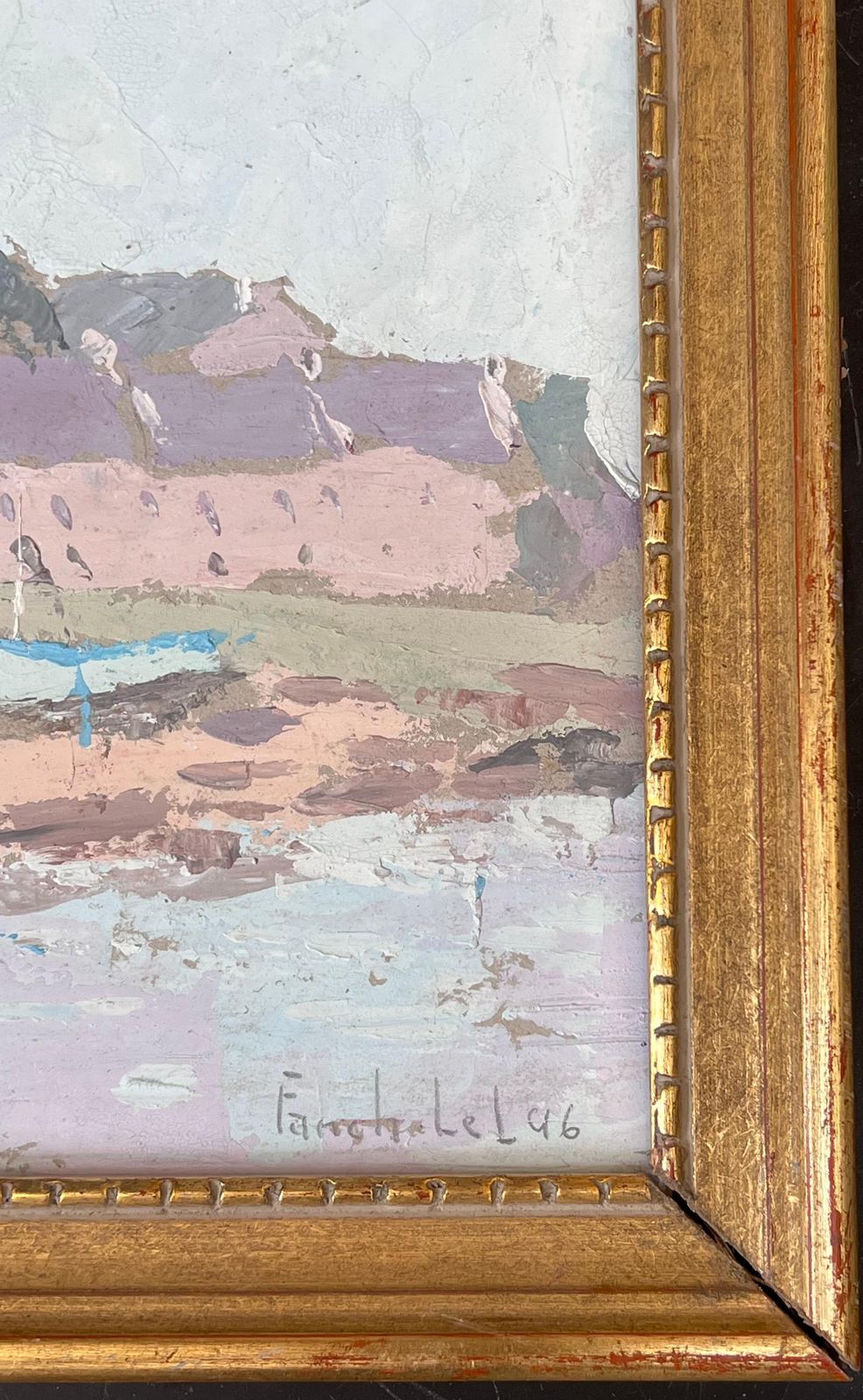 Fanch Lelpastel Sailing Boats Docked In The Town Shore French Oil Landscape Painting1996 photo for sale