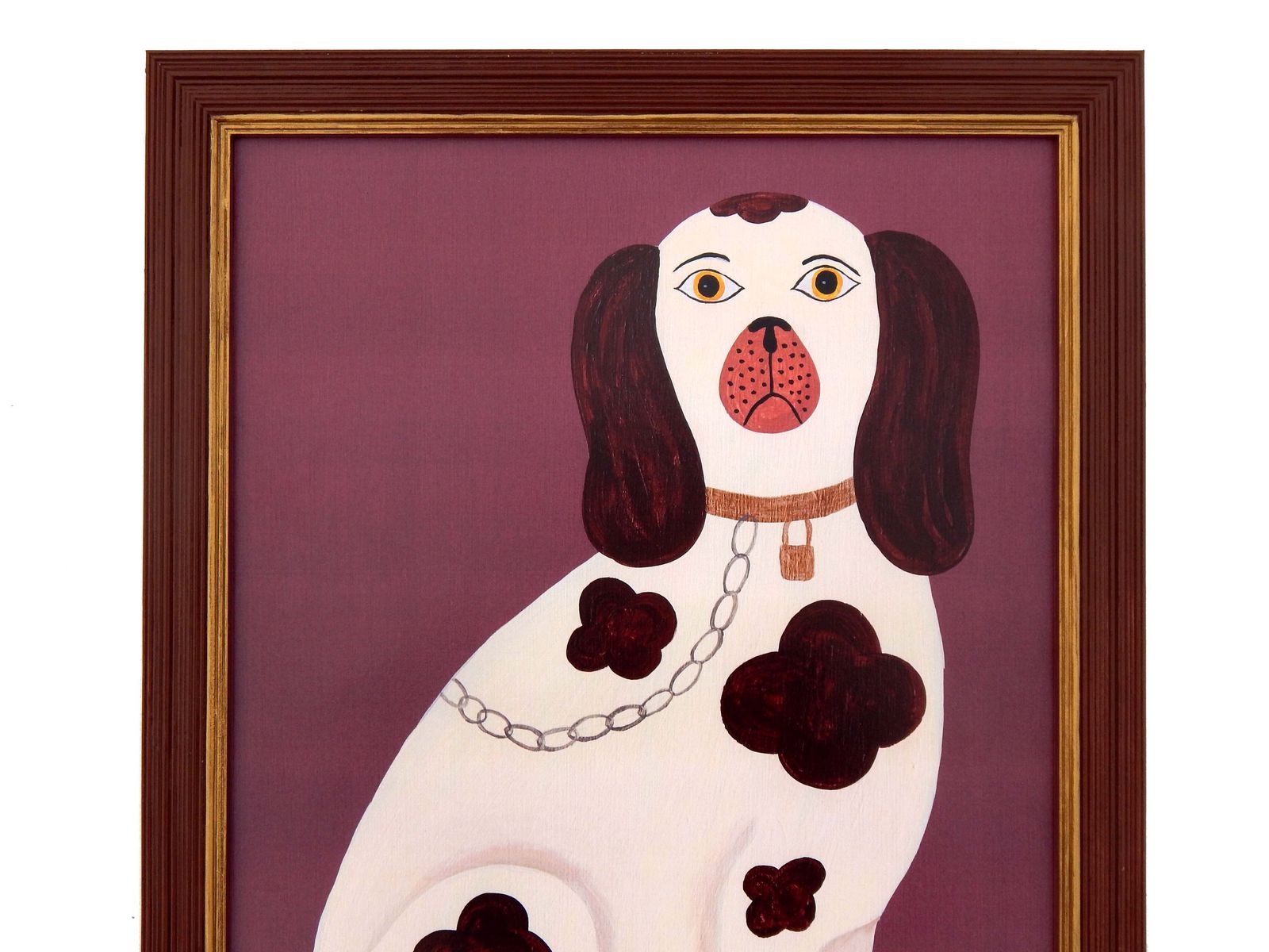 Naive Staffordshire Dog Fine Art Print, Folk Art – Right Facing Spaniel On Mantle   Dusky Pink   By Matt Rix In Hand Painted Frame, Signed photo furniture