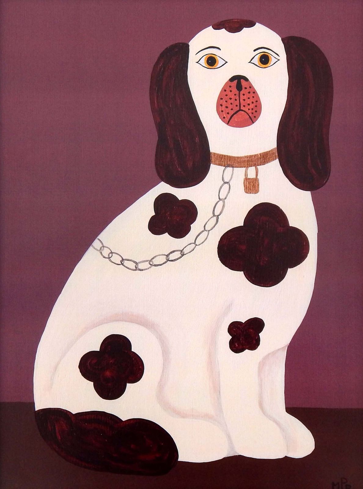 Naive Staffordshire Dog Fine Art Print, Folk Art – Right Facing Spaniel On Mantle   Dusky Pink   By Matt Rix In Hand Painted Frame, Signed photo for sale