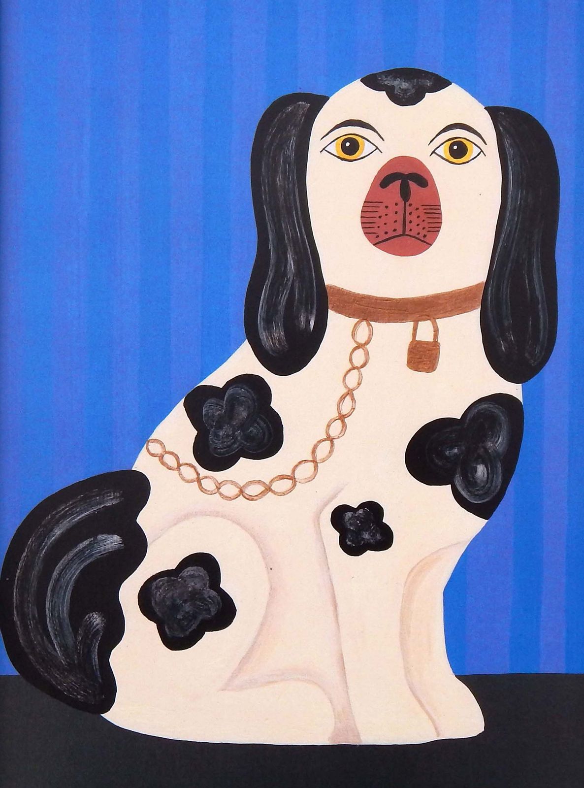 Naive Staffordshire Dog  Fine Art Print, Folk Art – Right Facing Spaniel On Mantle By Matt Rix In Hand Painted Frame, Signed photo furniture