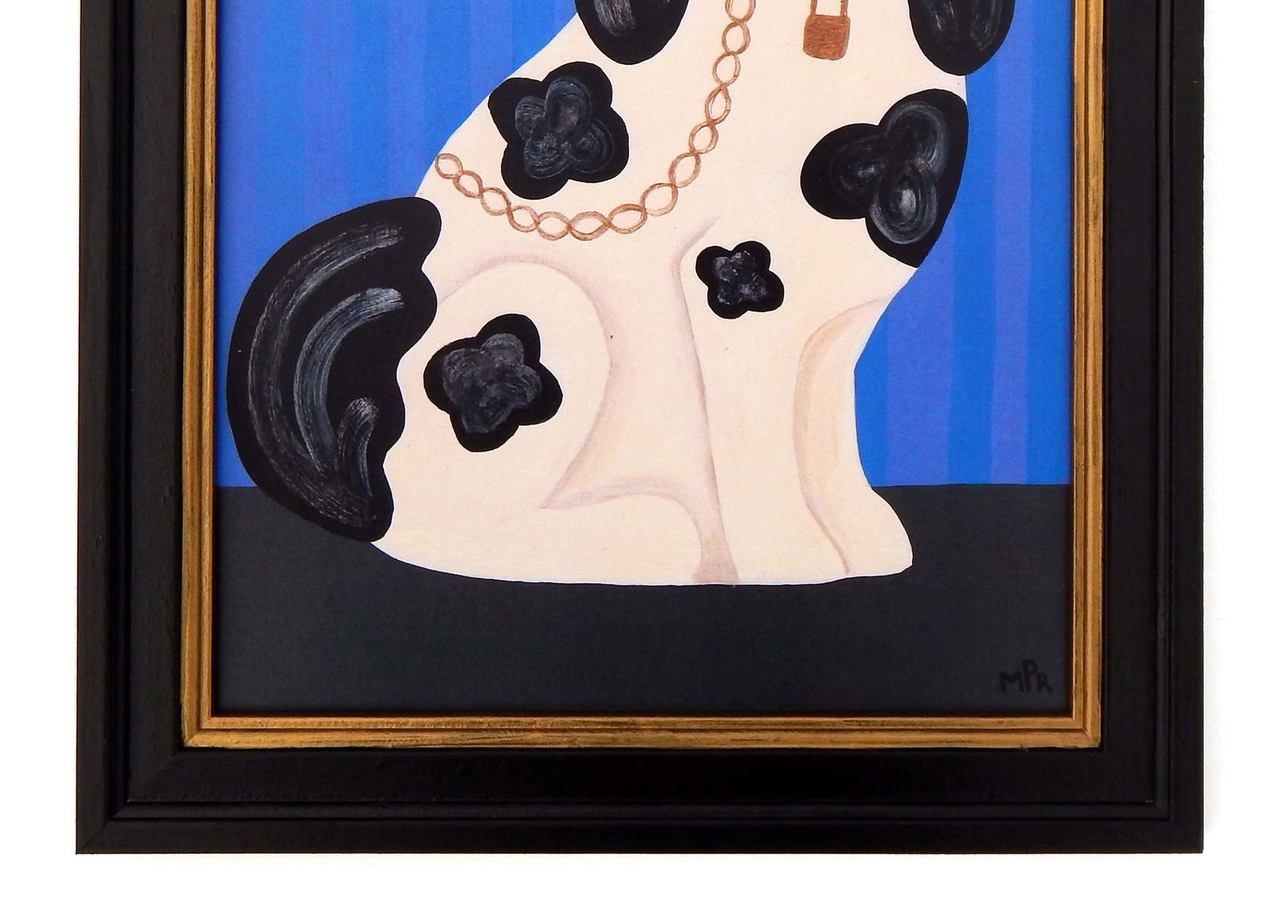 Naive Staffordshire Dog  Fine Art Print, Folk Art – Right Facing Spaniel On Mantle By Matt Rix In Hand Painted Frame, Signed photo vintage