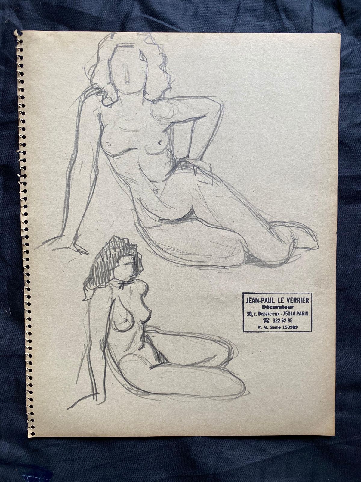 Jean Paul Le Verriermid 20th Century French Original Line Drawing Sketch Nude Female  Stamped photo furniture