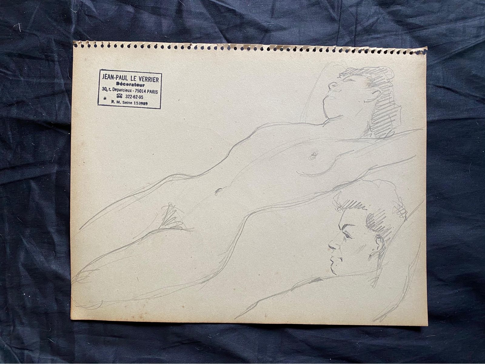 Jean Paul Le Verriermid 20th Century French Original Line Drawing Sketch Nude Female  Stamped photo furniture