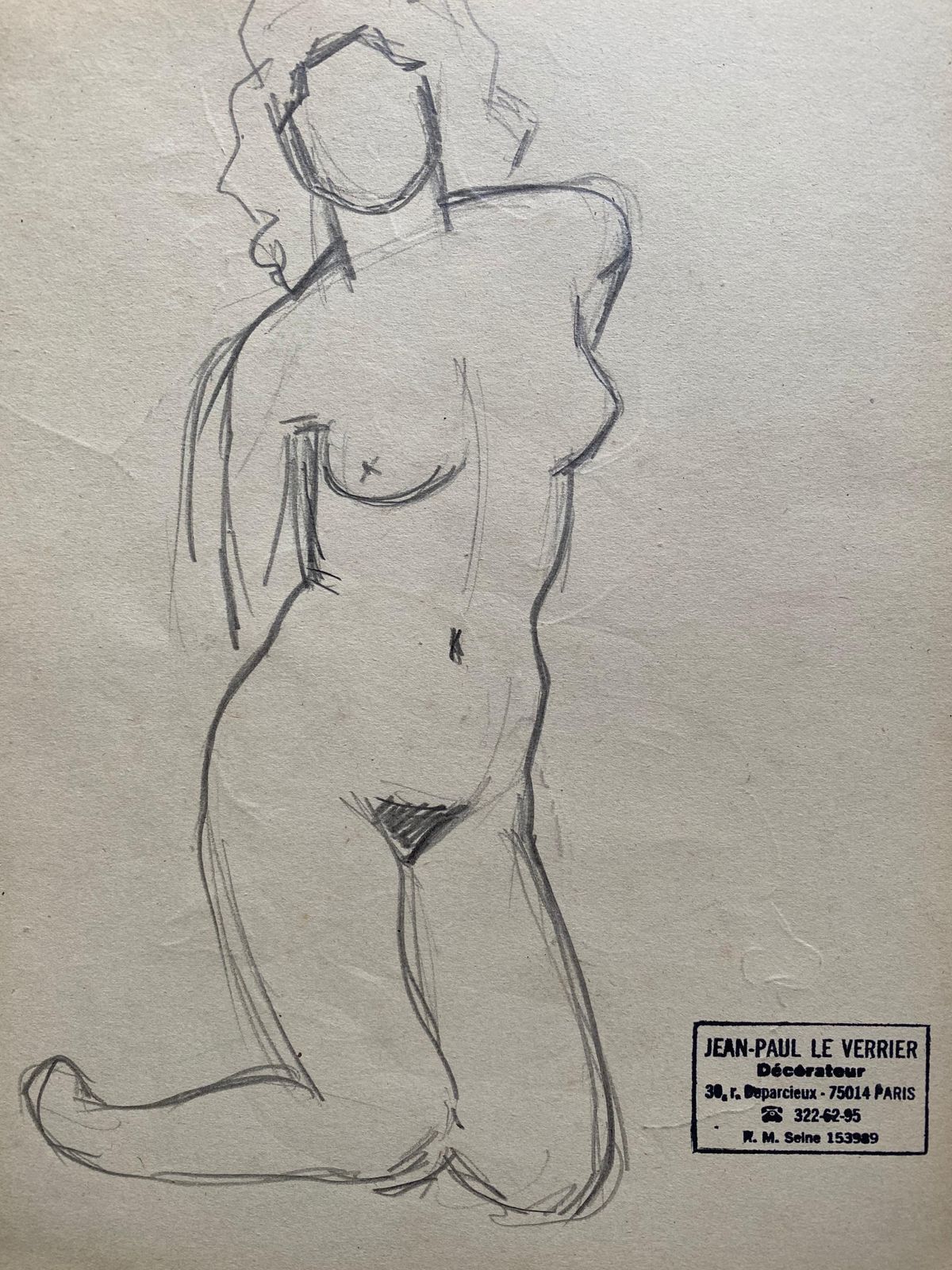 Jean Paul Le Verriermid 20th Century French Original Line Drawing Sketch Nude Female  Stamped