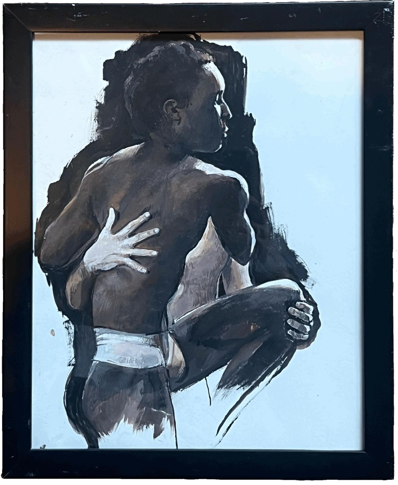 French Schooltwo Semi Nude Men In Embrace Original Contemporary French Painting