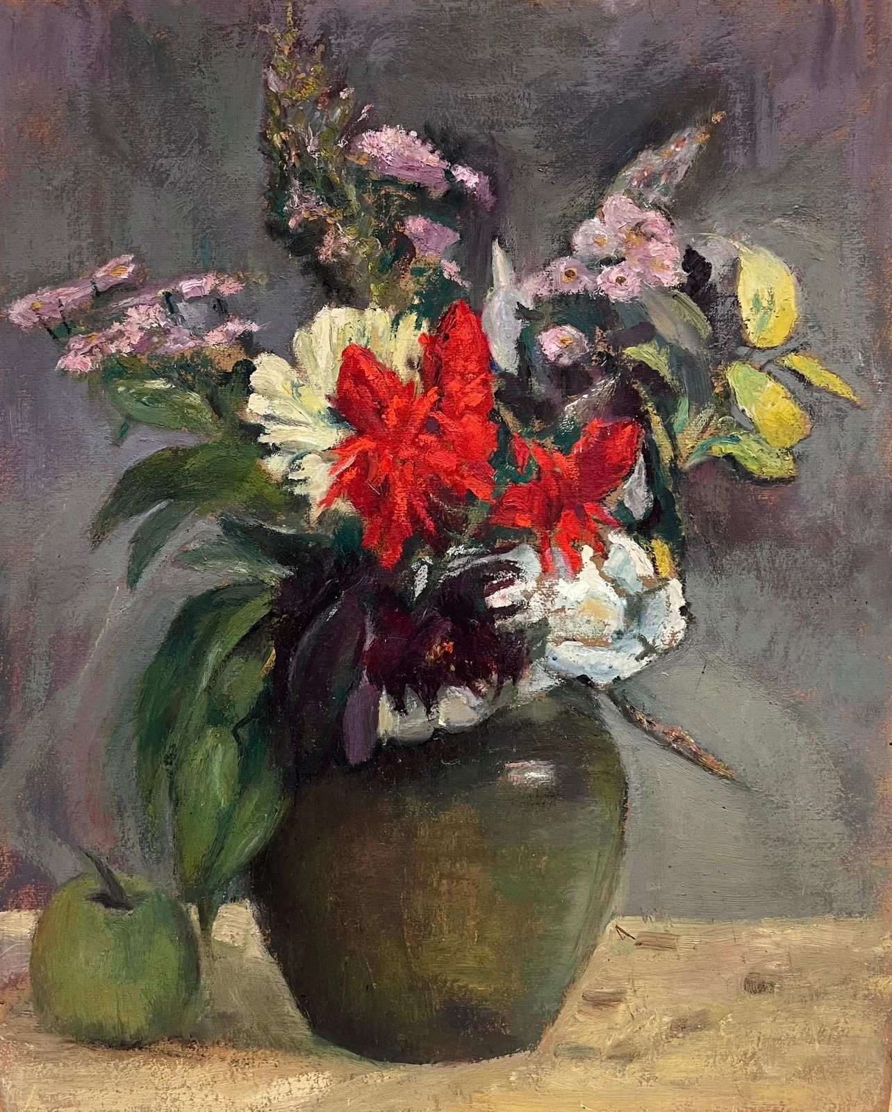 Cécile Hertz Eyrolles (1875 1974)1930's French Post Impressionist Oil Colorful Still Life Flowers In Vase & Apple1930's