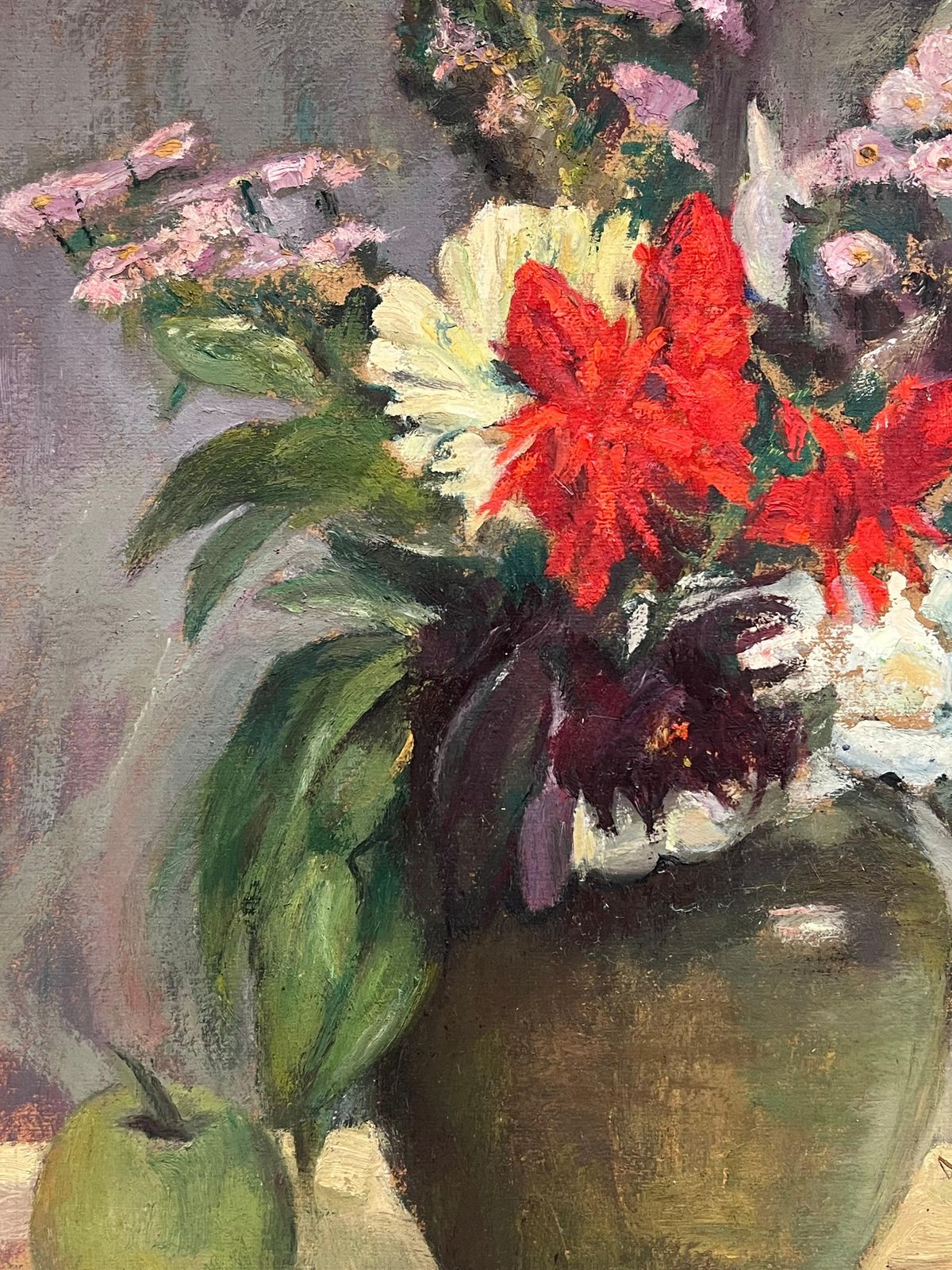 photo furniture Cécile Hertz Eyrolles (1875 1974)1930's French Post Impressionist Oil Colorful Still Life Flowers In Vase & Apple1930's