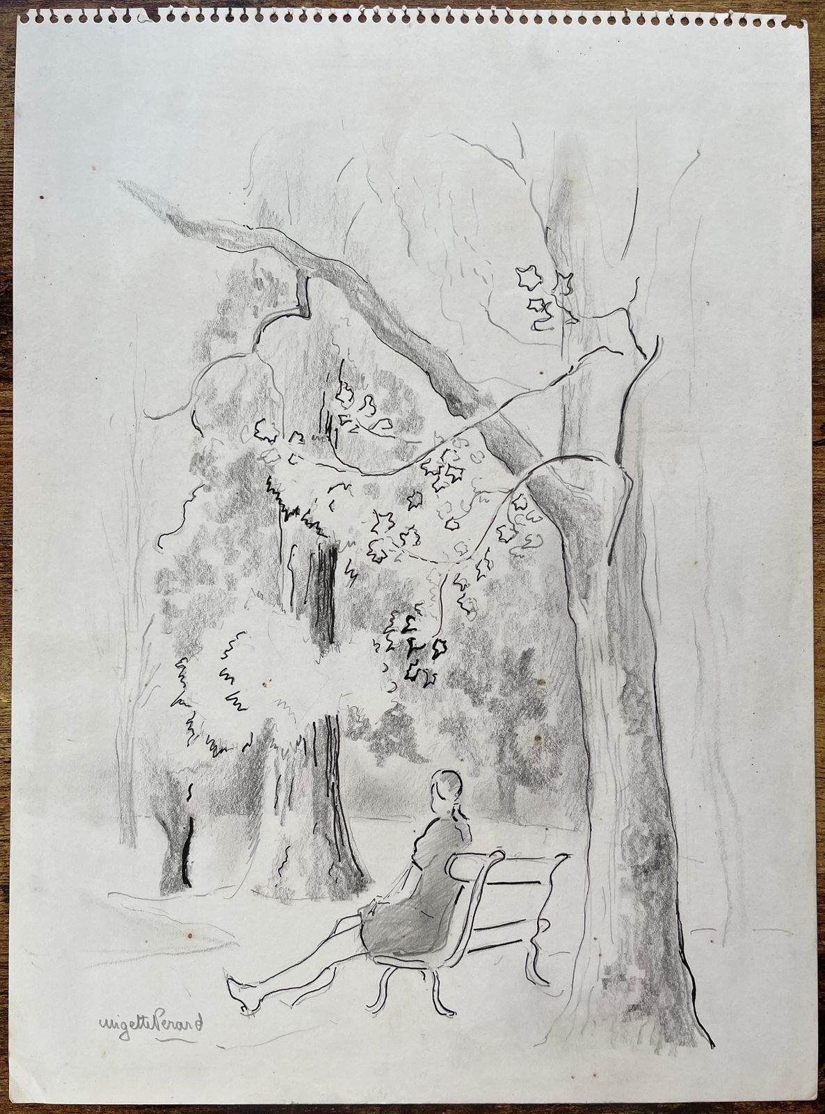 Anne Marie Migette Perardmid 20th Century Post Impressionist Pencil Drawing Of Woman On Park Bench photo furniture