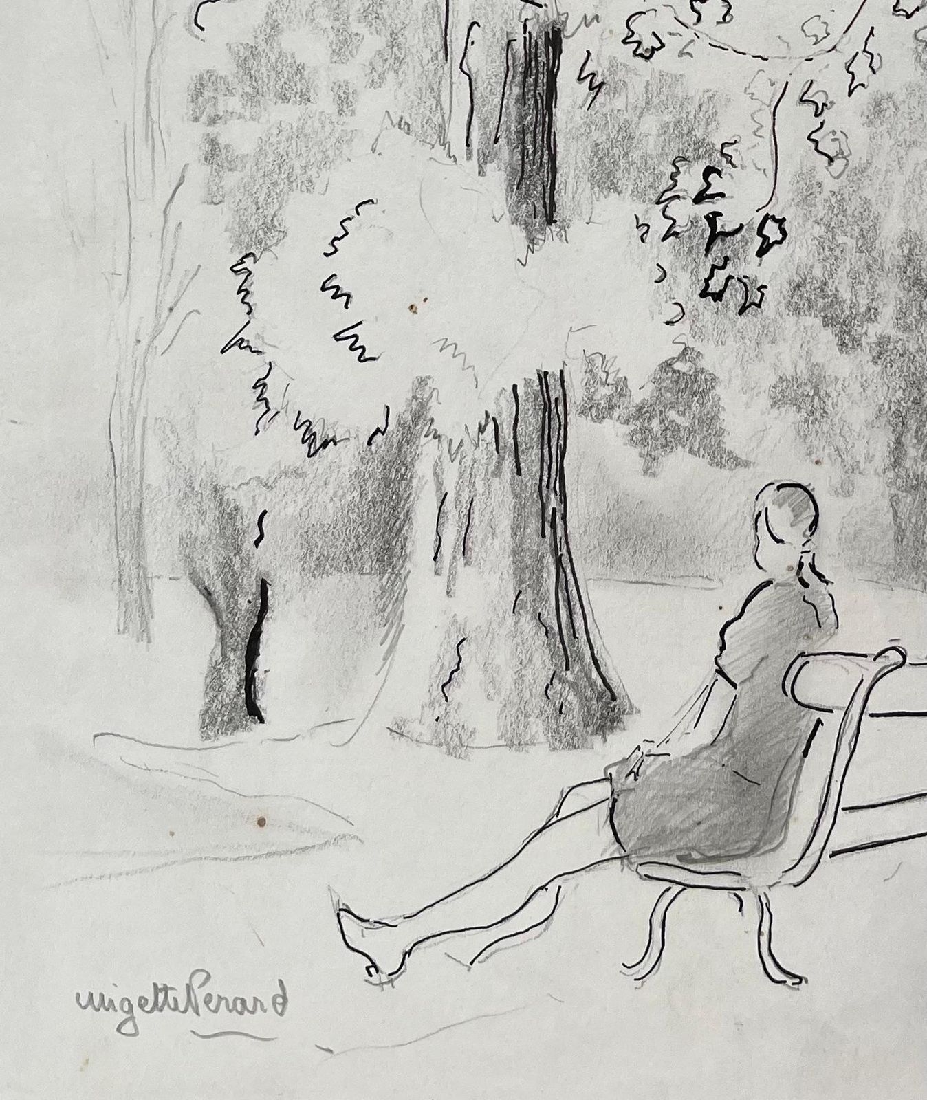 Anne Marie Migette Perardmid 20th Century Post Impressionist Pencil Drawing Of Woman On Park Bench photo for sale