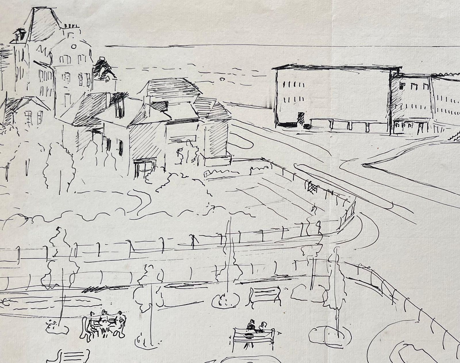 Anne Marie Migette Perardmid 20th Century Post Impressionist Ink Drawing Of French Seafront And Casino photo buy