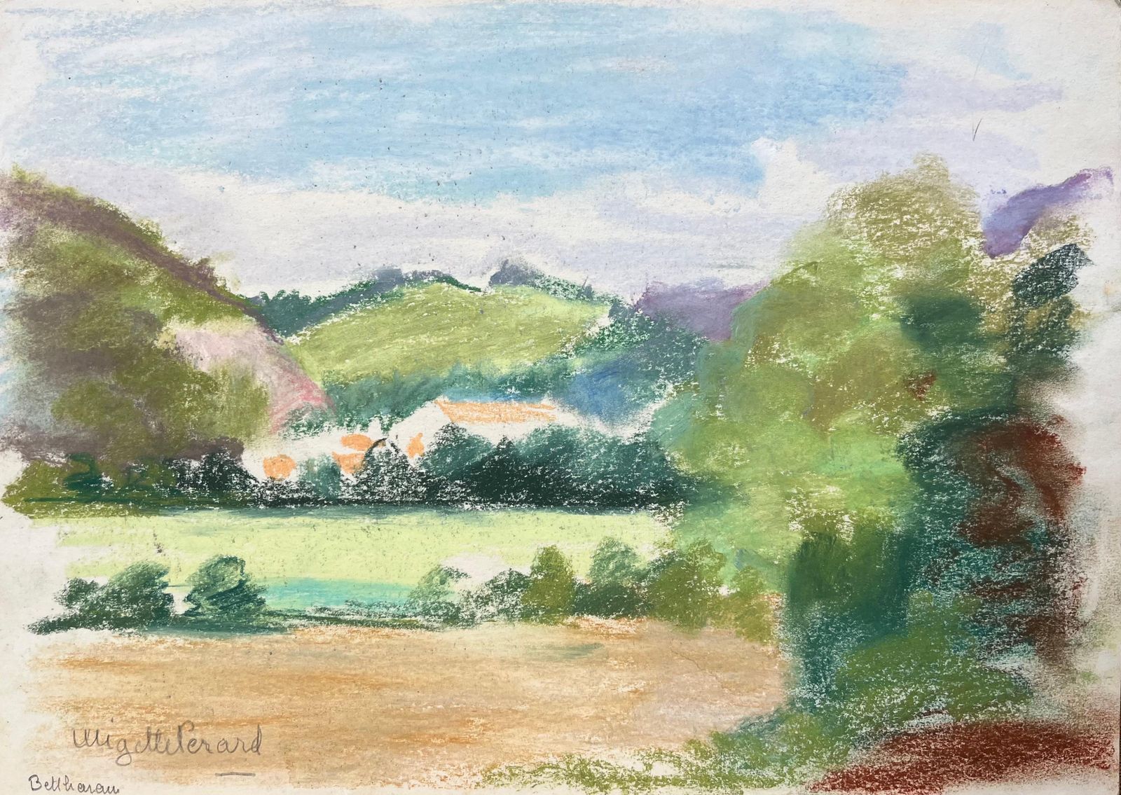 Anne Marie Migette Perardmid 20th Century French Pastel Landscape Of Bethonvilliers Village In Hills