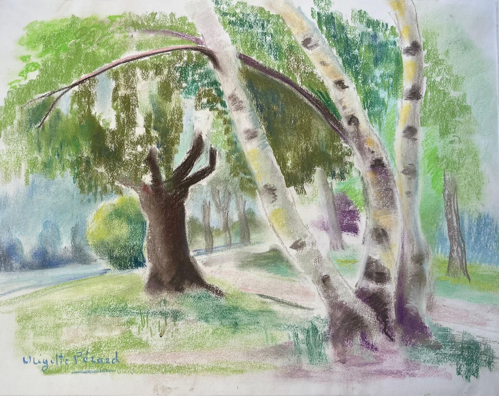 Anne Marie Migette Perardmid Century French Pastel Landscape Of Birch Trees In Summer Light
