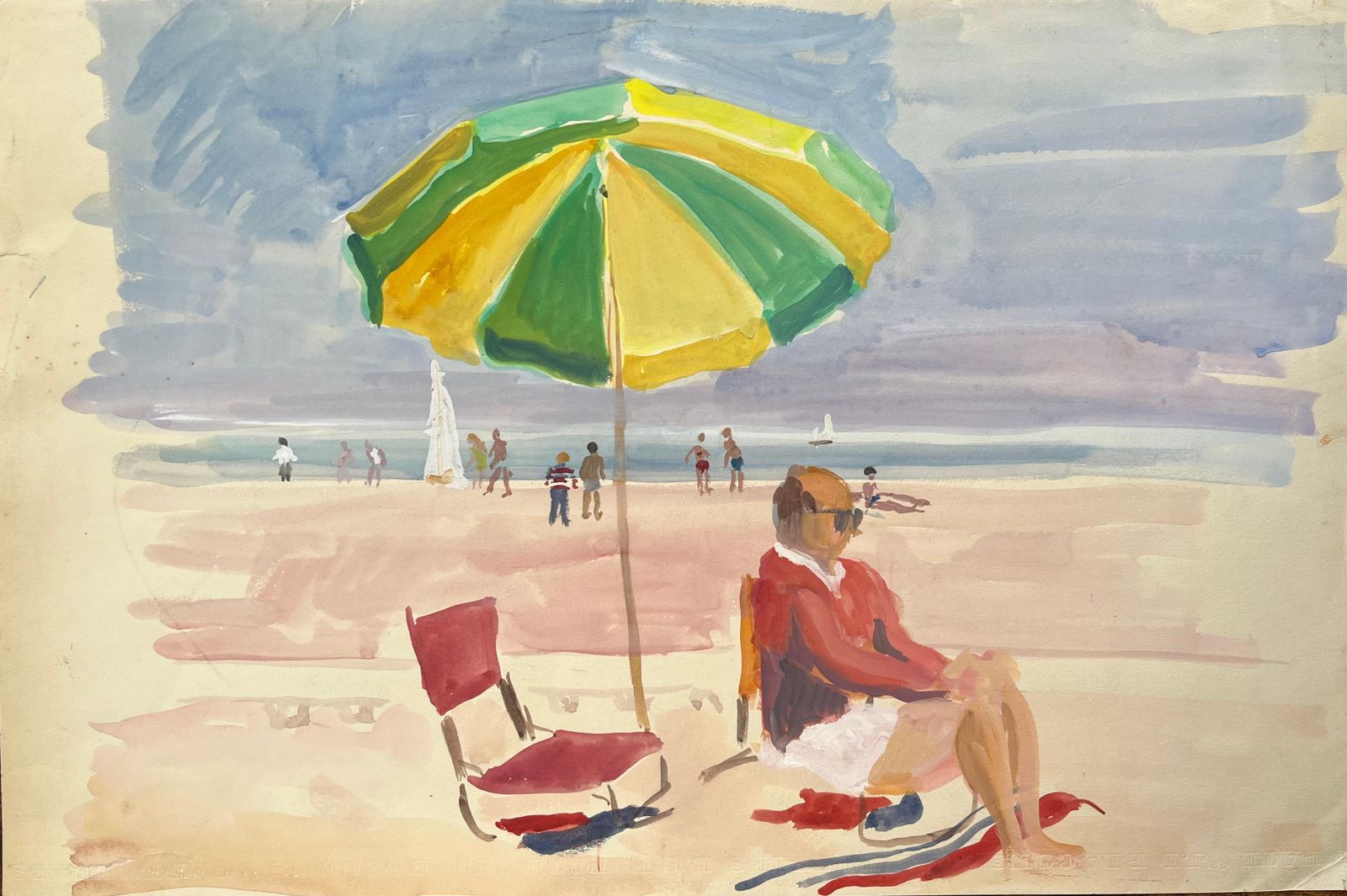 Anne Marie Migette Perardmid Century French Watercolour Beach Scene With Green Umbrella And Seated Figure