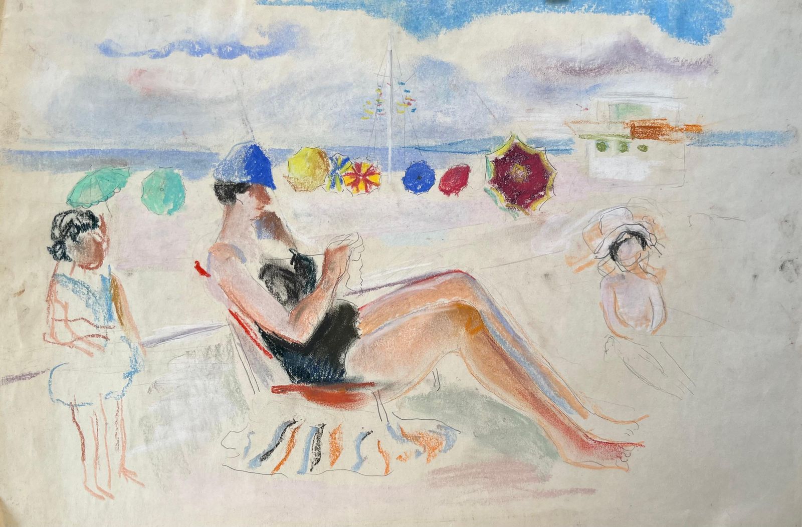 Anne Marie Migette Perardmid Century French Pastel Beach Scene With Seated Woman Knitting And Parasols