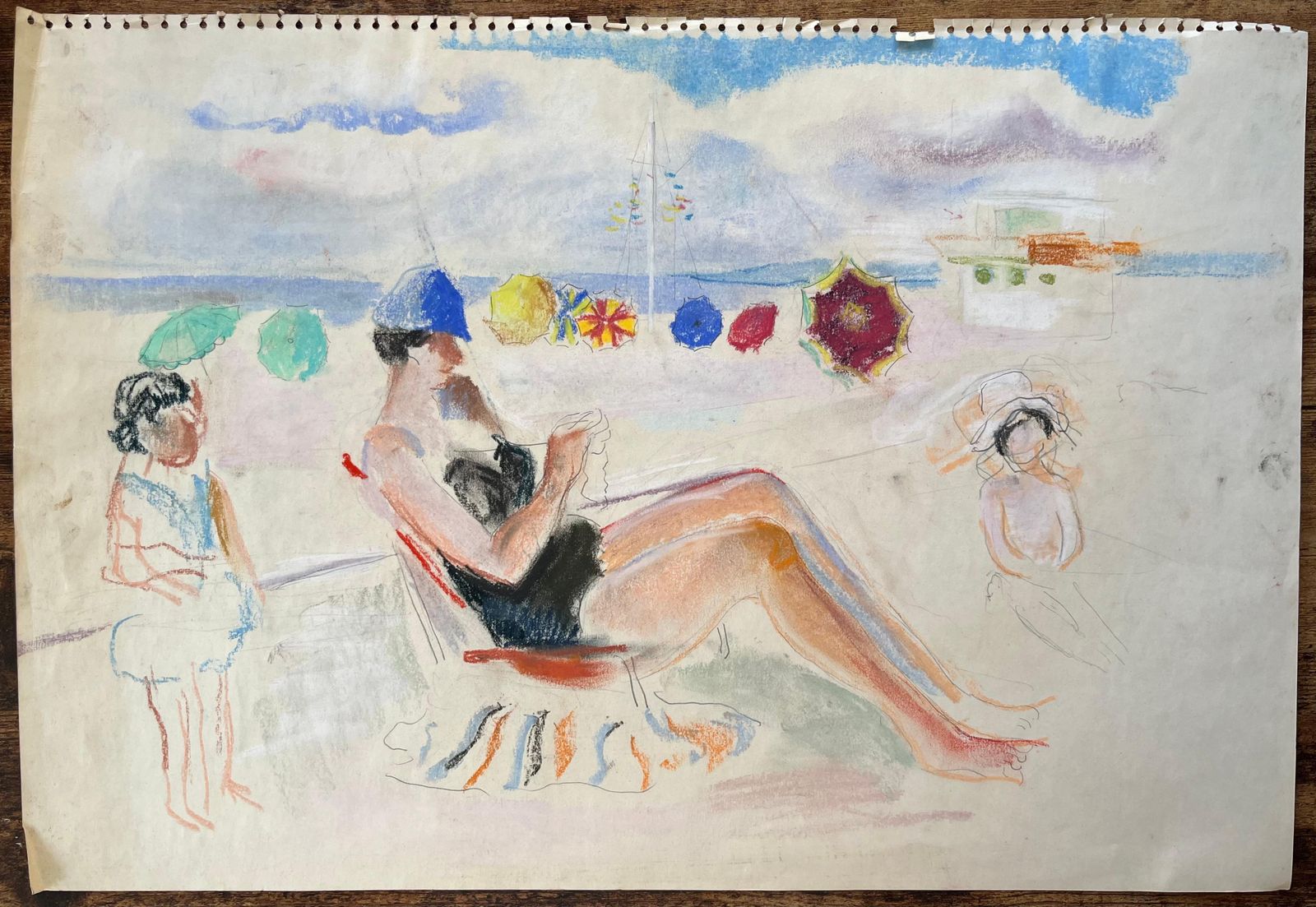 Anne Marie Migette Perardmid Century French Pastel Beach Scene With Seated Woman Knitting And Parasols photo furniture