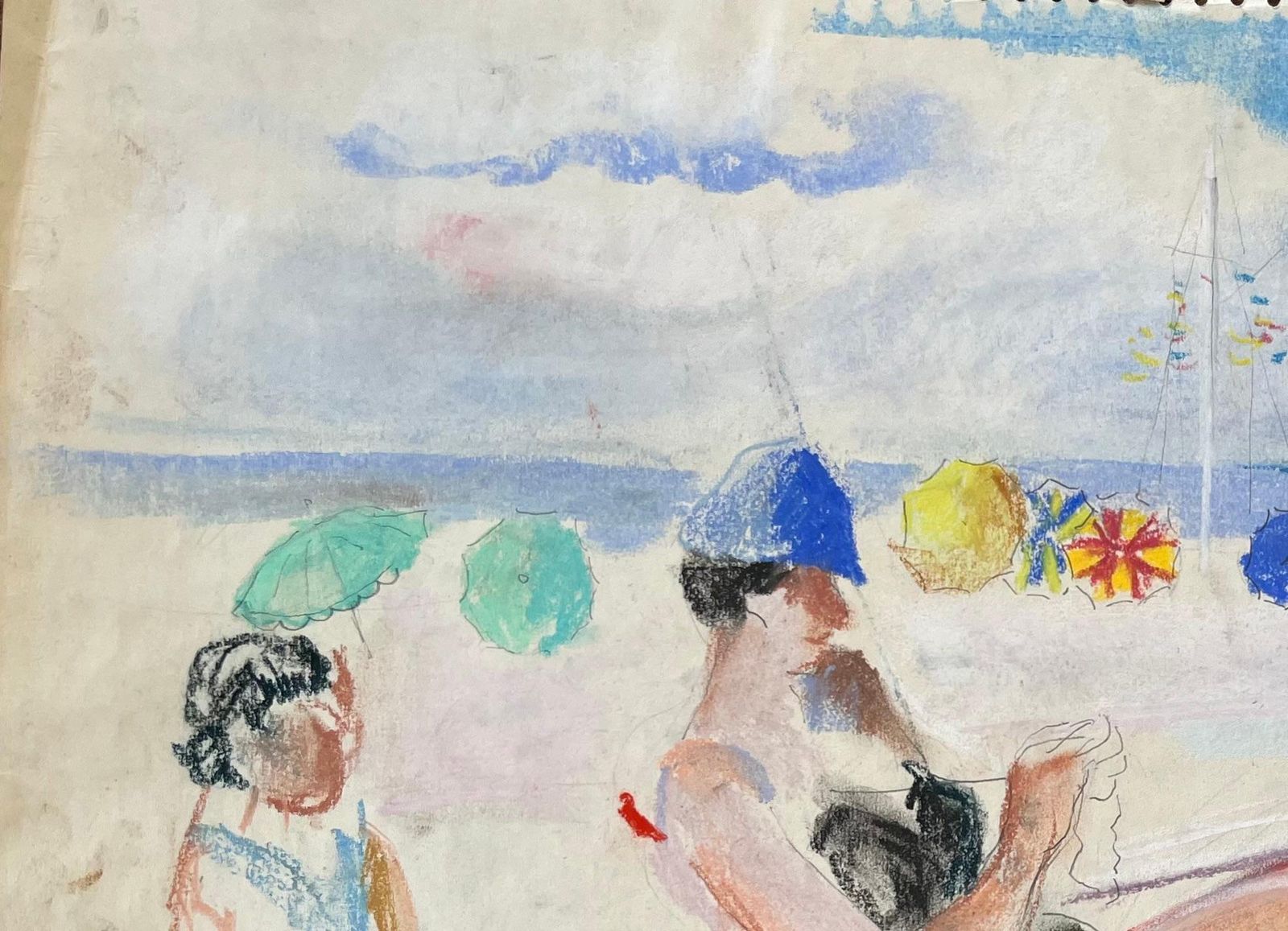 Anne Marie Migette Perardmid Century French Pastel Beach Scene With Seated Woman Knitting And Parasols photo Art