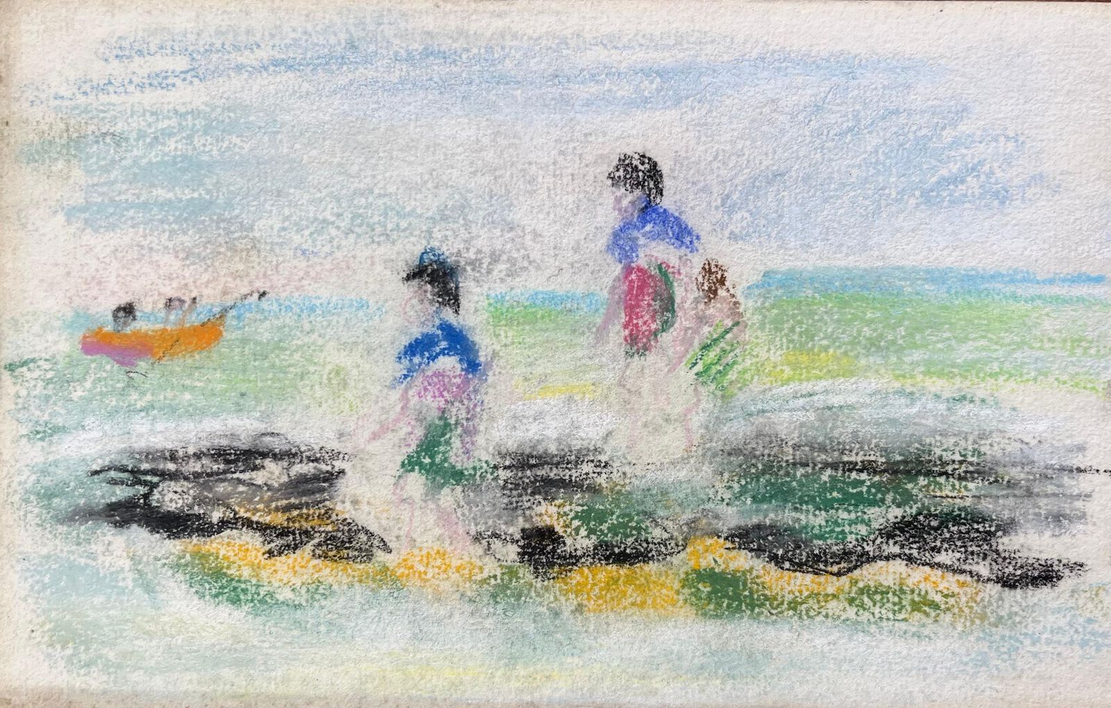 Anne Marie Migette Perardmid Century French Pastel Coastal Scene With Children Playing And Orange Rowboat