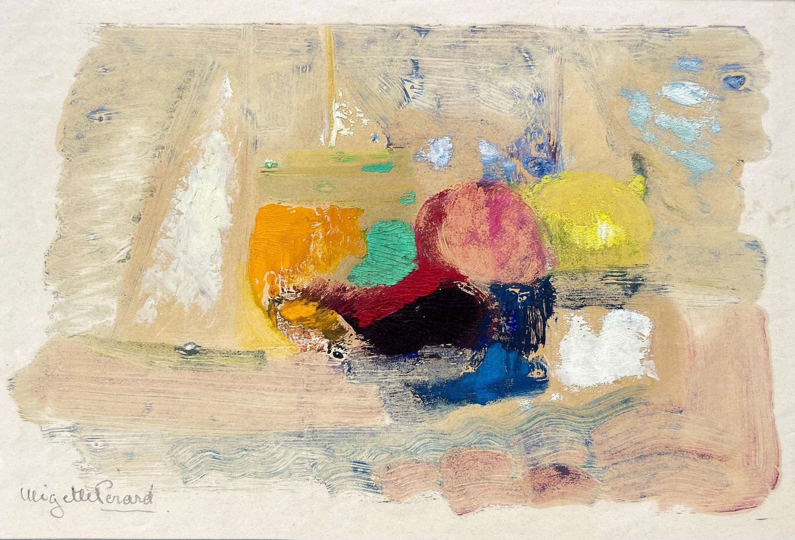 Anne Marie Migette Perardmid Century French Abstract Still Life With Fruit And Glass In Bold Oil Colours