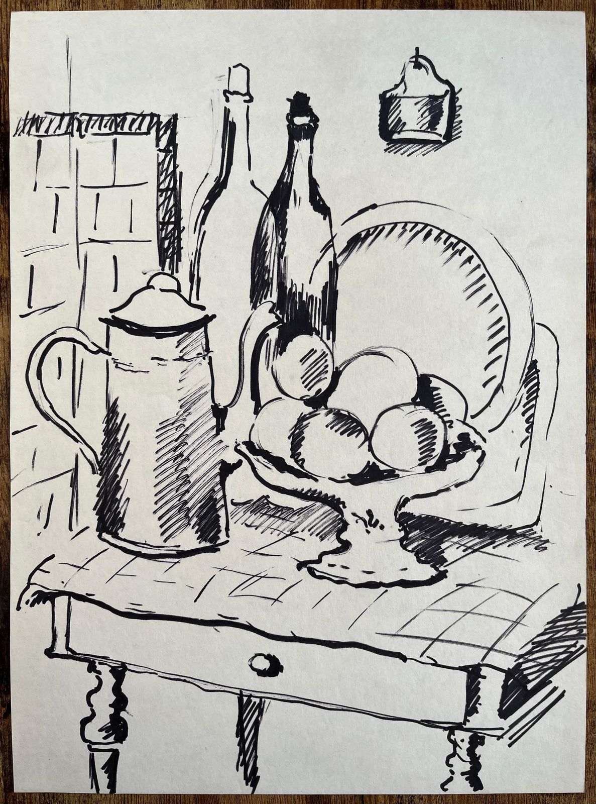Anne Marie Migette Perardmid Century French Drawing Of Still Life With Fruit Bowl Coffee Pot And Bottles photo furniture