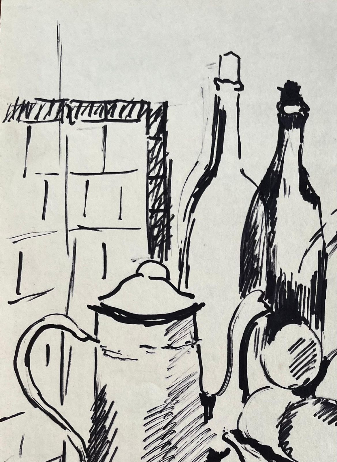 Anne Marie Migette Perardmid Century French Drawing Of Still Life With Fruit Bowl Coffee Pot And Bottles photo for sale