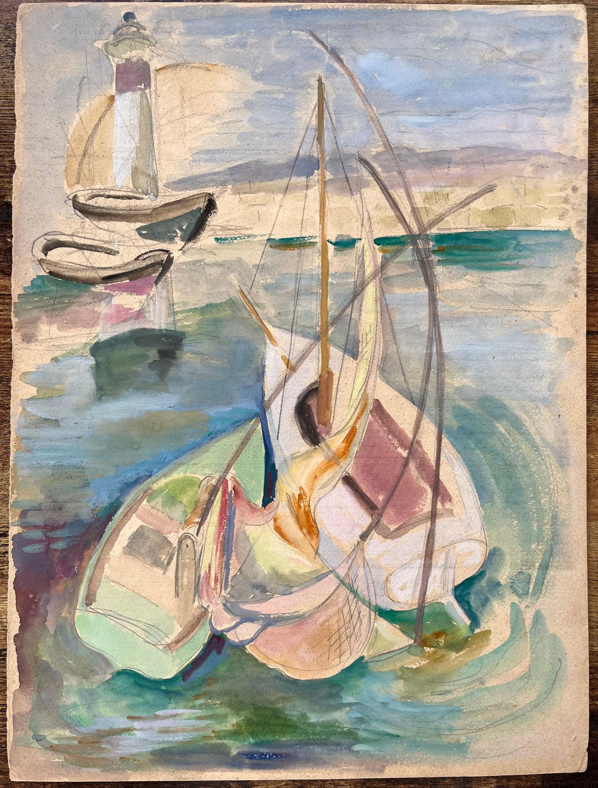 Anne Marie Migette Perardmid 20th Century Post Impressionist Watercolour Of Boats And Lighthouse Scene photo furniture