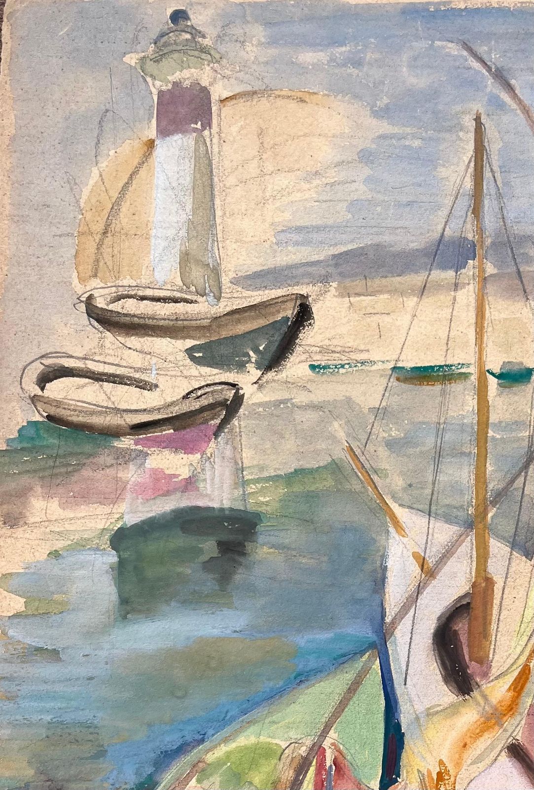 Anne Marie Migette Perardmid 20th Century Post Impressionist Watercolour Of Boats And Lighthouse Scene photo 540.0