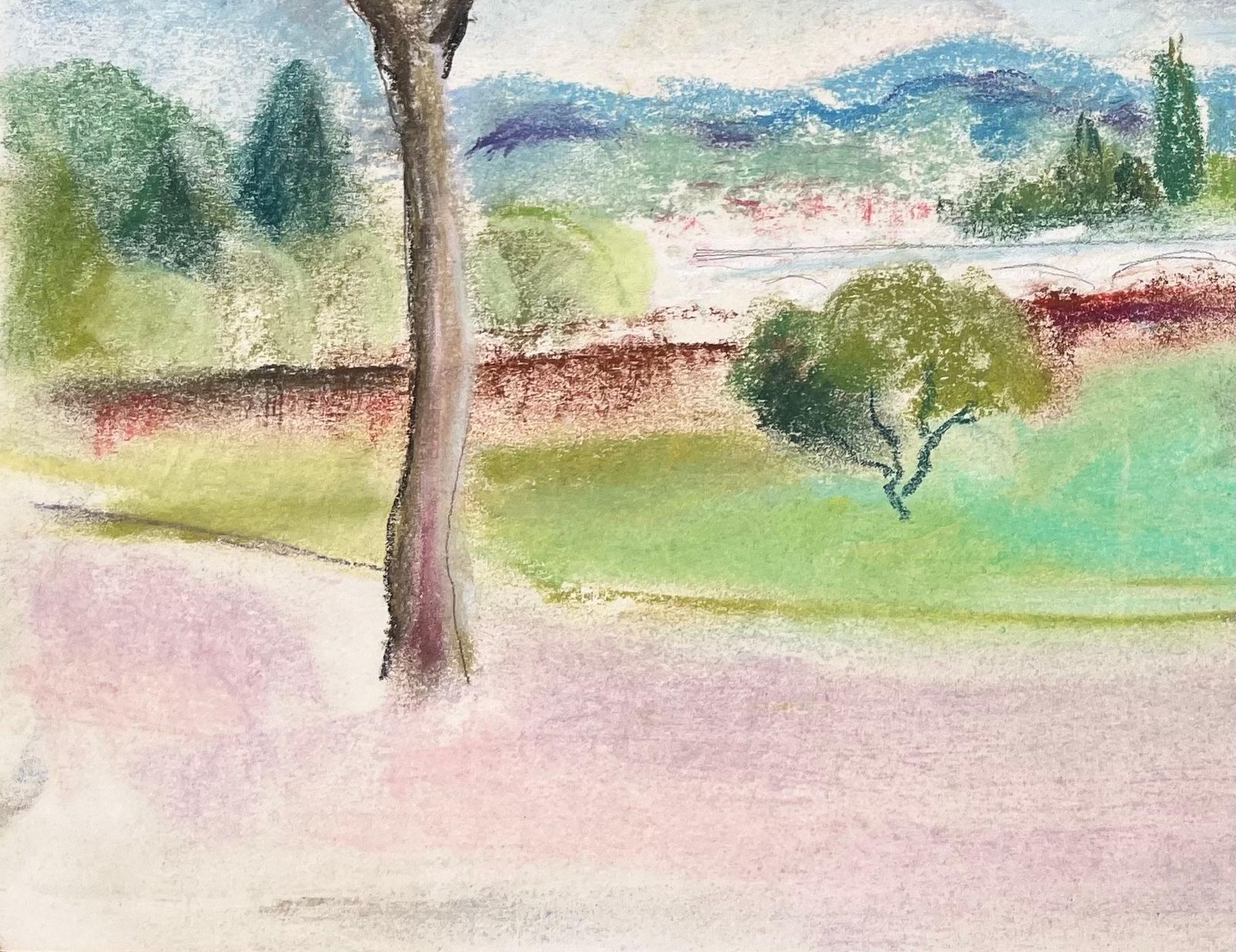 Anne Marie Migette Perardfrench Mid 20th Century Pastel Landscape Of Trees And Distant Hills photo vinterior