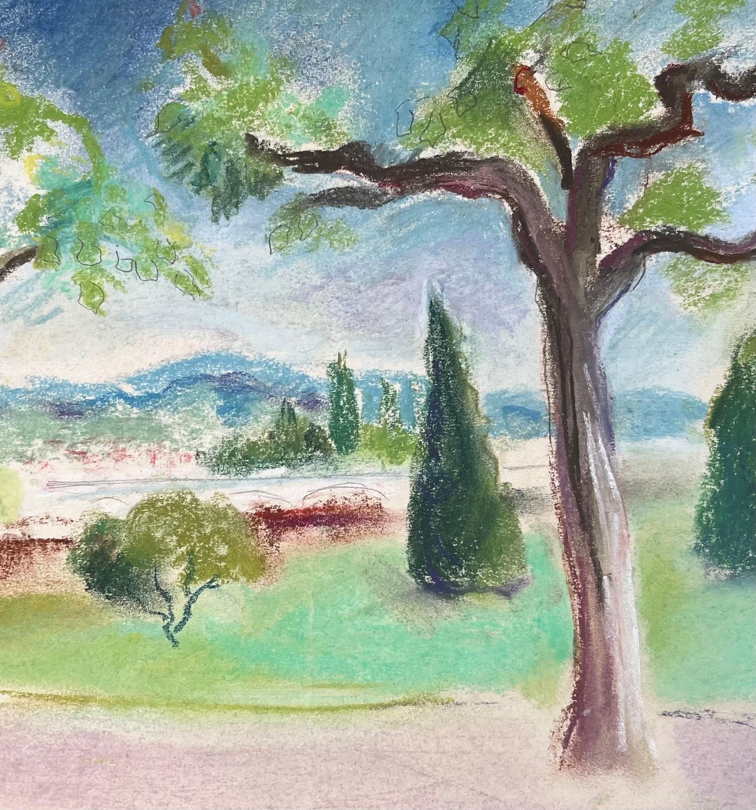 Anne Marie Migette Perardfrench Mid 20th Century Pastel Landscape Of Trees And Distant Hills photo buy
