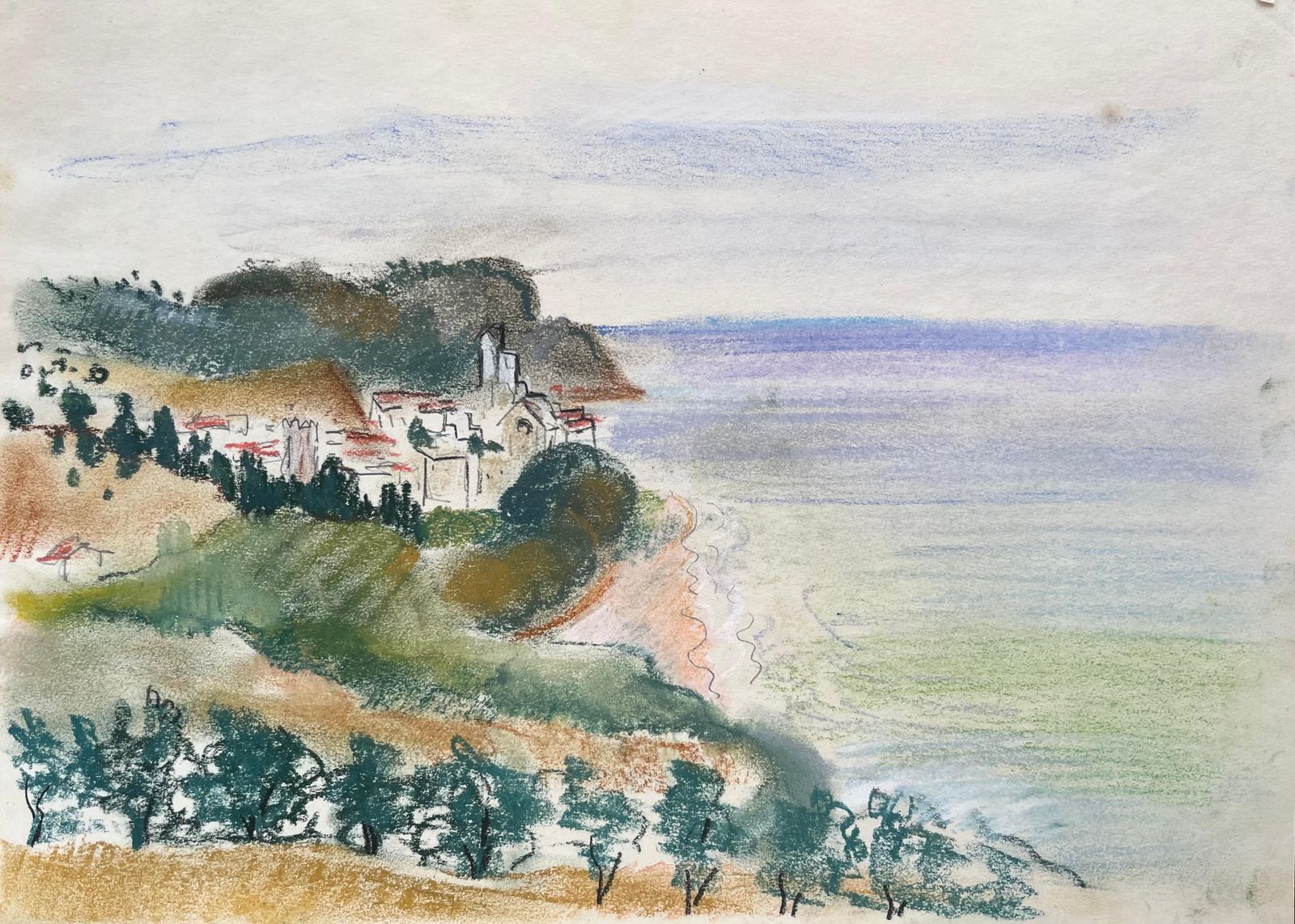 Anne Marie Migette Perardmid 20th Century Pastel Of Coastal Scene With Village And Clifftop Church