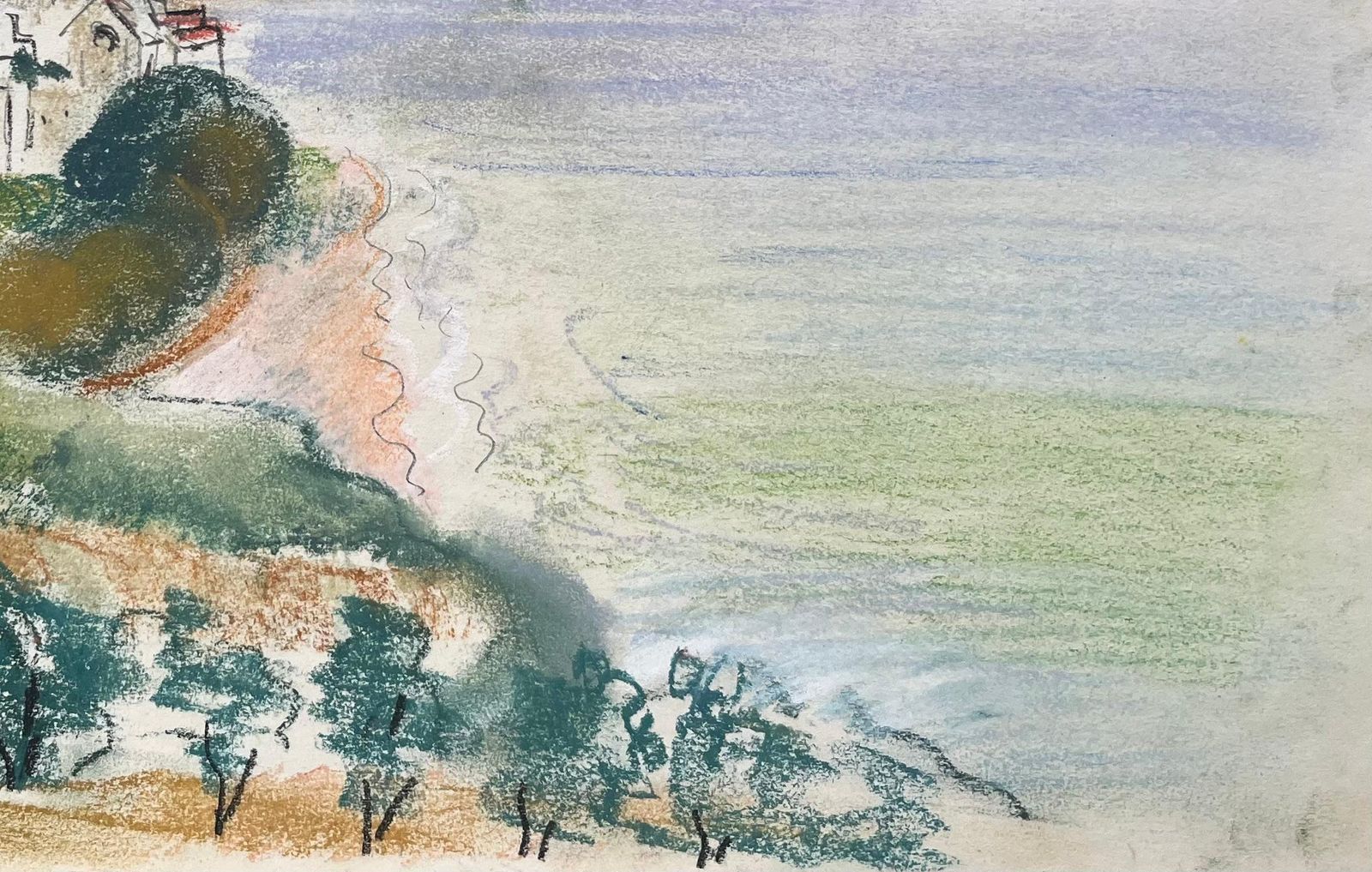 Anne Marie Migette Perardmid 20th Century Pastel Of Coastal Scene With Village And Clifftop Church photo vinterior