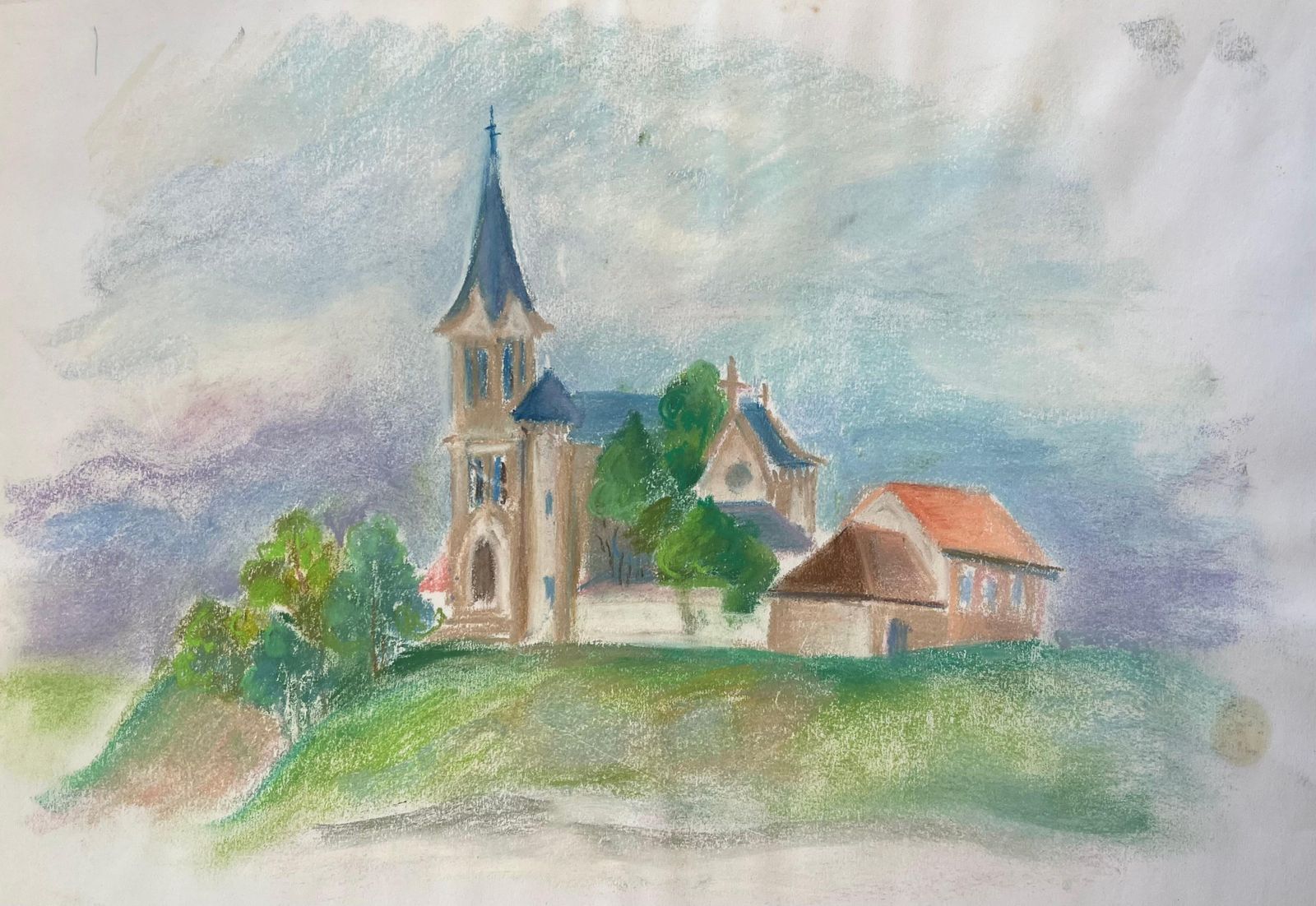 Anne Marie Migette Perardmid 20th Century Pastel Of French Countryside Church With Bell Tower