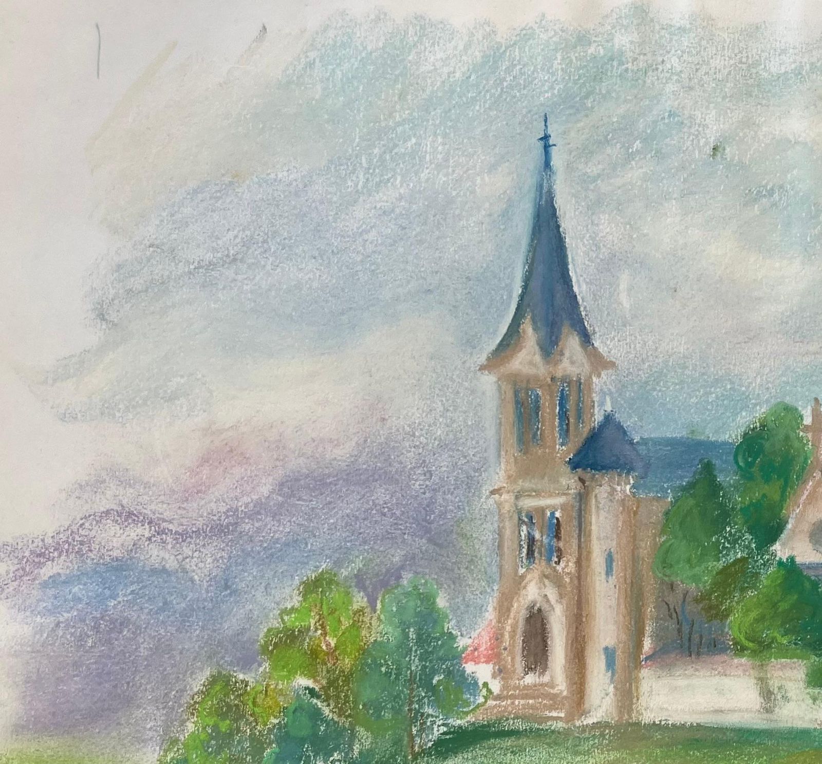 Anne Marie Migette Perardmid 20th Century Pastel Of French Countryside Church With Bell Tower photo for sale