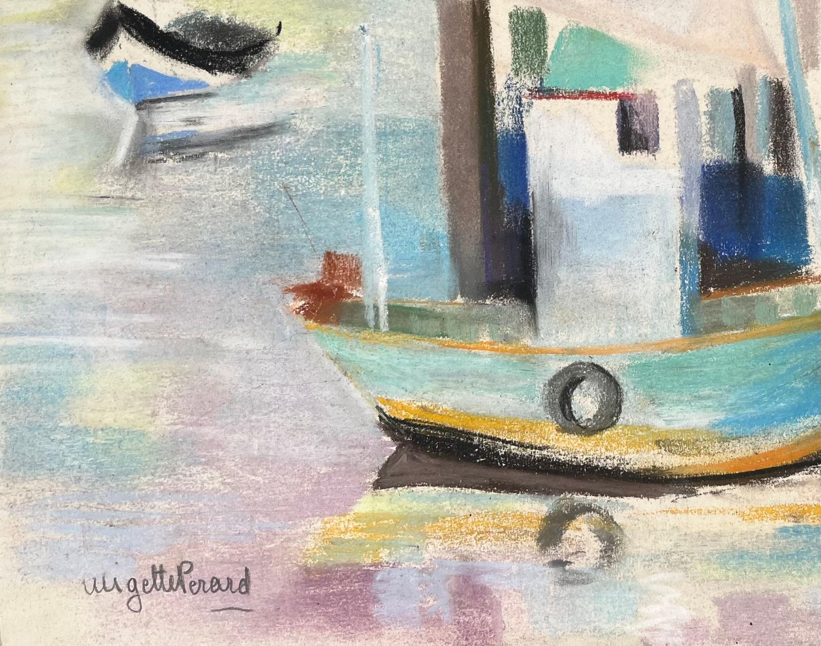 Anne Marie Migette Perardmid 20th Century French Pastel Harbour Scene With Boats And Pier And Figures photo vinterior