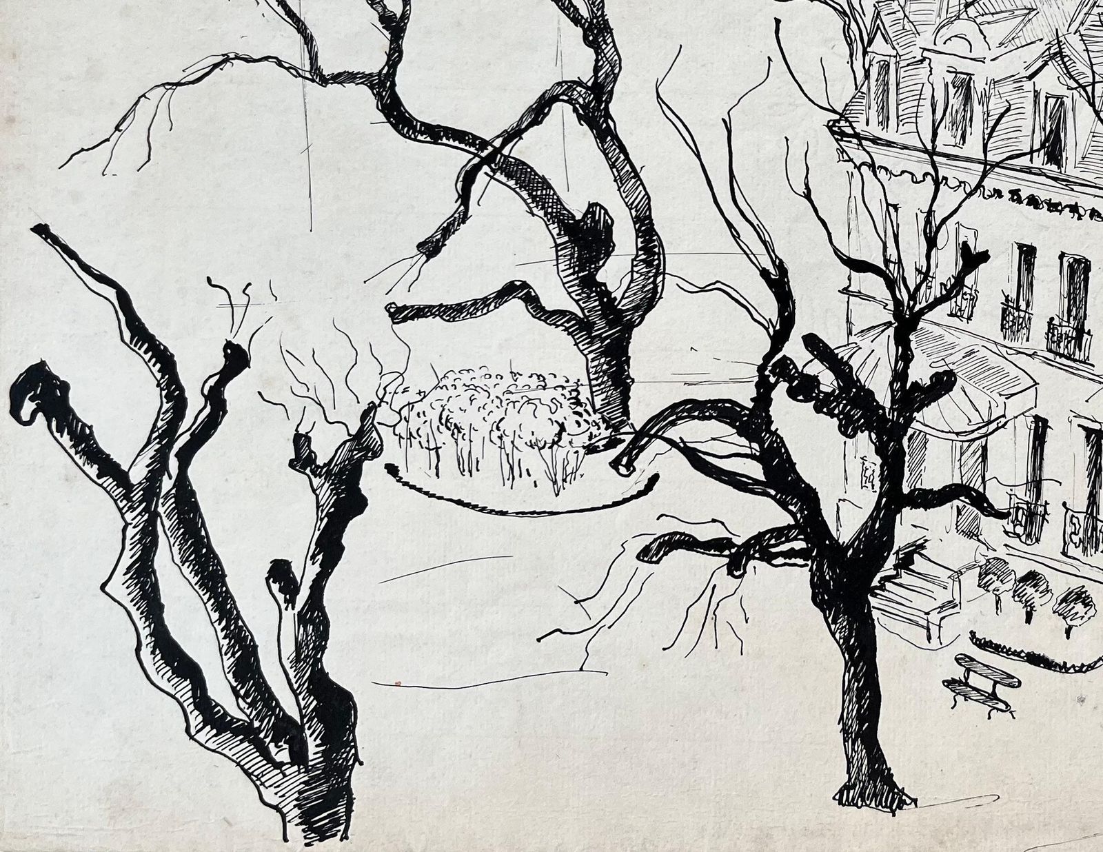 Anne Marie Migette Perardmid Century French Ink Drawing Of Mansion In Enghien France With Winter Trees photo 524.0