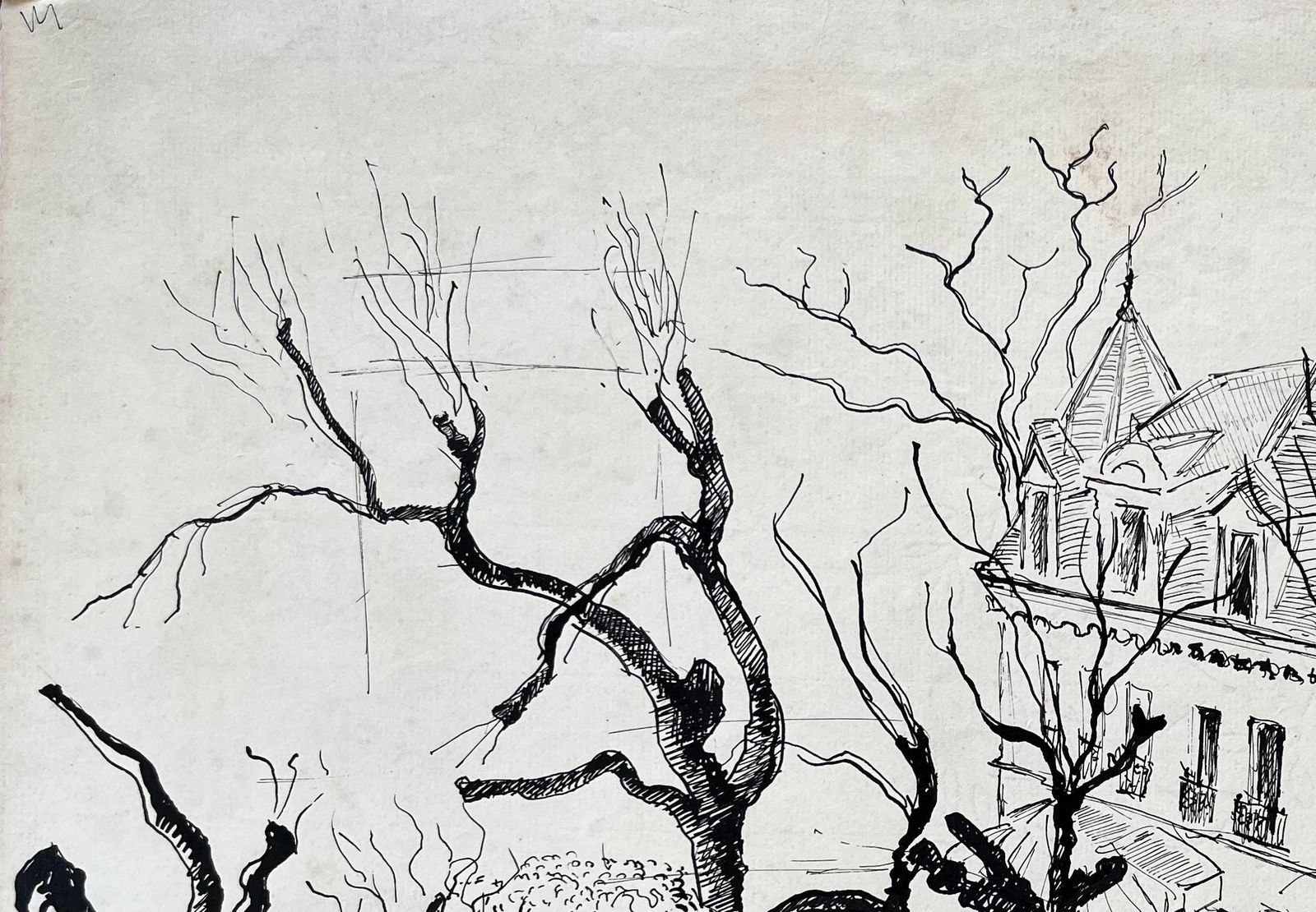 Anne Marie Migette Perardmid Century French Ink Drawing Of Mansion In Enghien France With Winter Trees photo vinterior