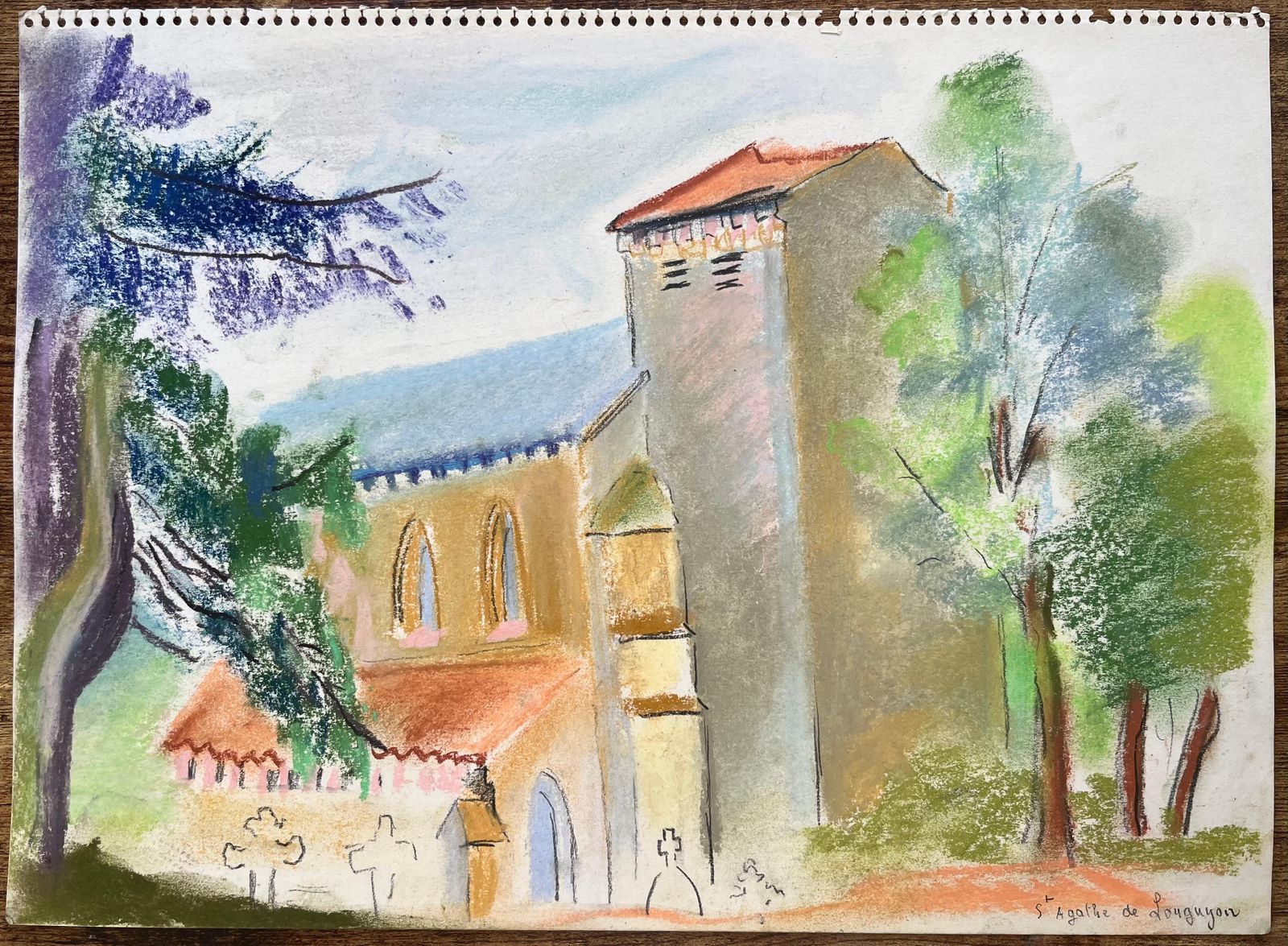 Anne Marie Migette Perardmid 20th Century Pastel Of St. Agathe Church In Loueygoun In France photo furniture