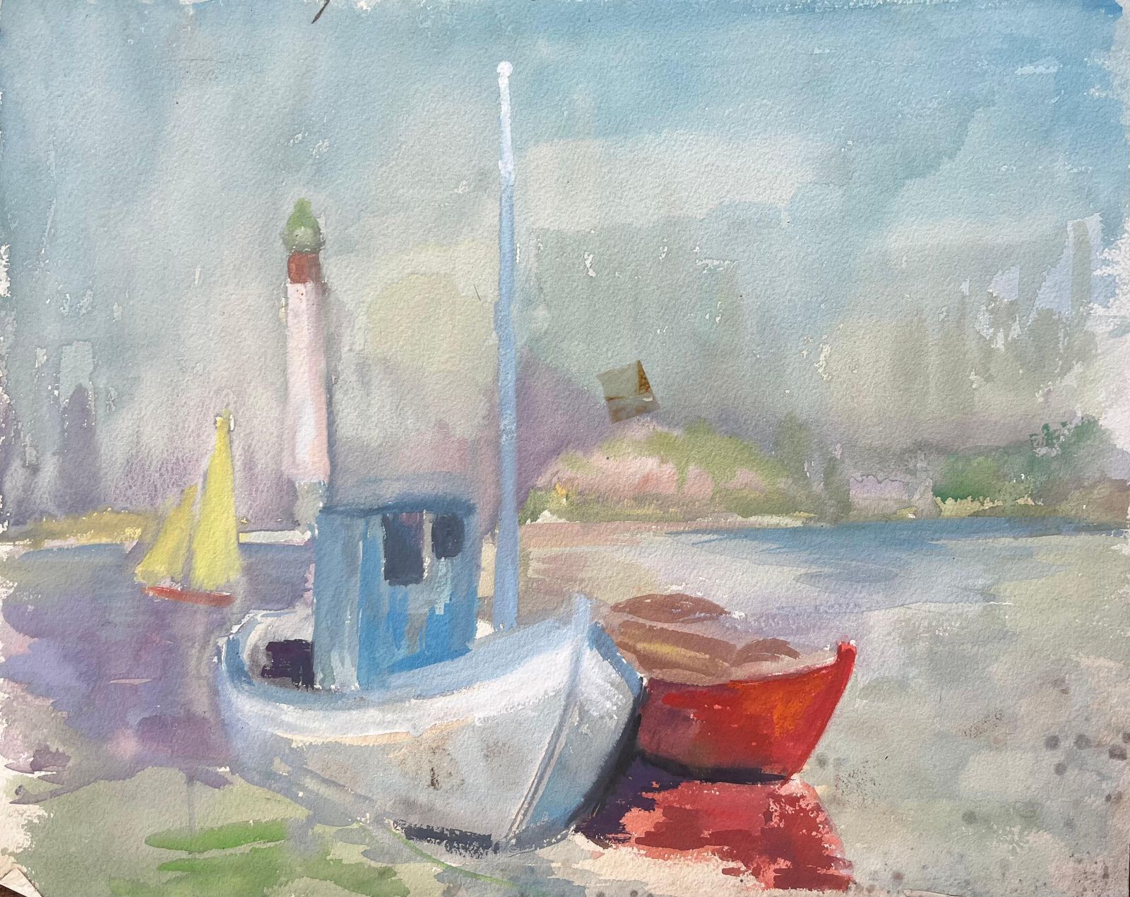Anne Marie Migette Perardmid Century French Watercolour Of Fishing Boats And Lighthouse On A Quiet Shore