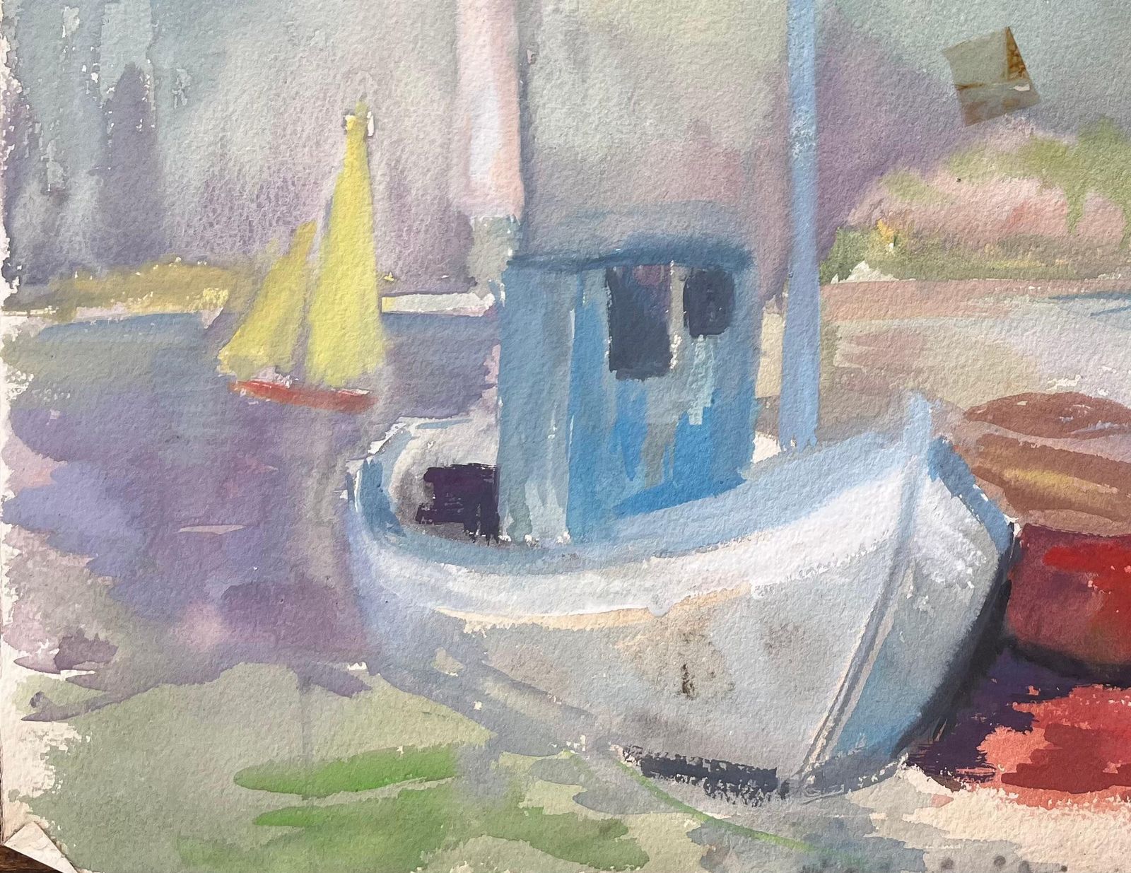 Anne Marie Migette Perardmid Century French Watercolour Of Fishing Boats And Lighthouse On A Quiet Shore photo for sale