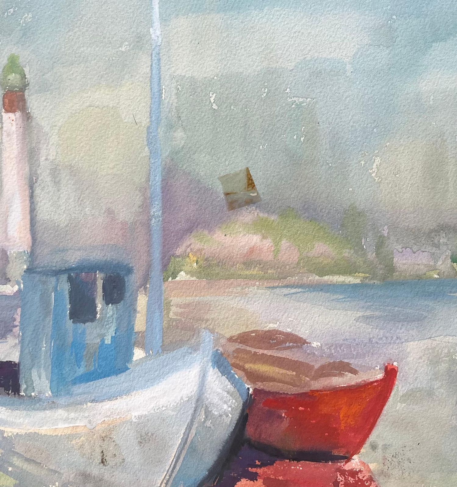 Anne Marie Migette Perardmid Century French Watercolour Of Fishing Boats And Lighthouse On A Quiet Shore photo buy